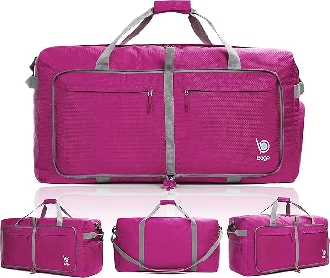 Bago Large Foldable Duffel Bags for Traveling Women & Men - 120L Packable Duffle Bag for Travel with Shoe Compartment - Water Repellant, Heavy Duty, Lightweight Folding & Collapsible (Pink)