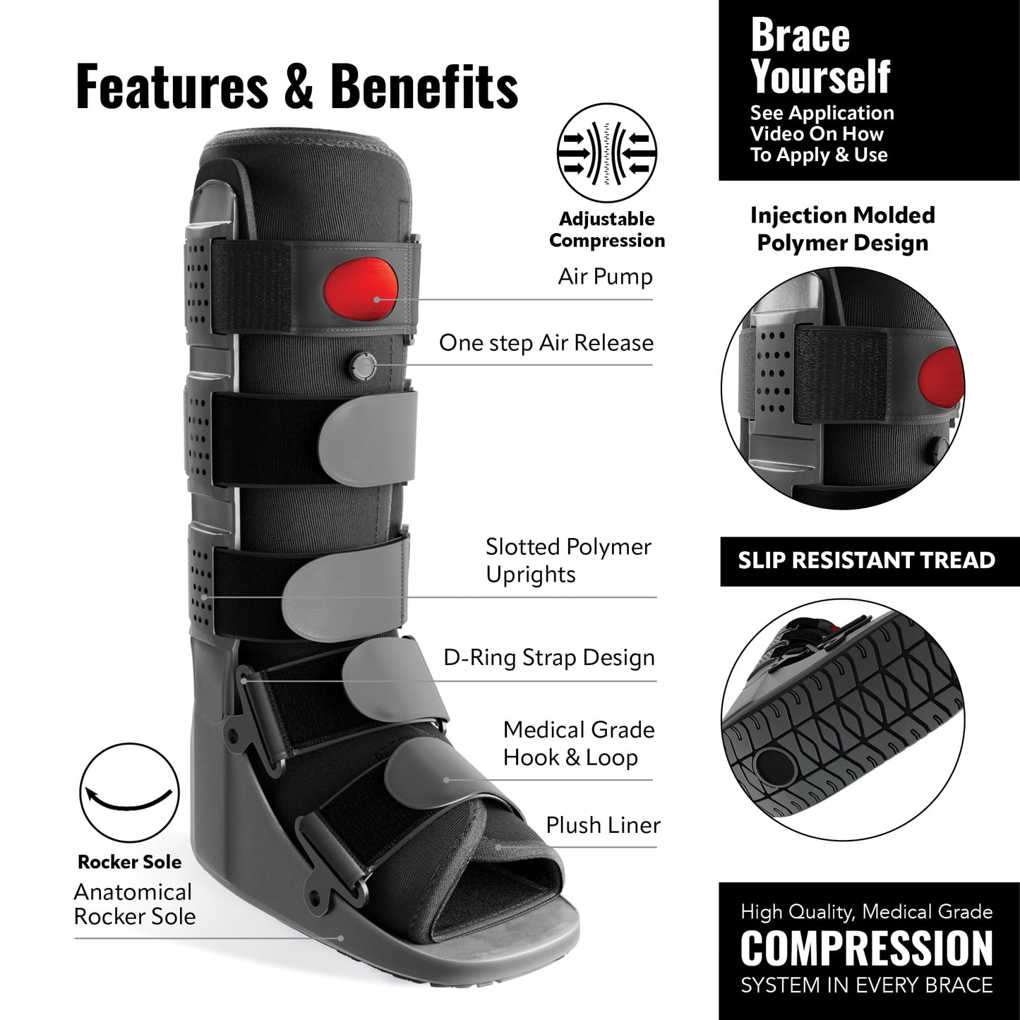 Braceapedia Tall Air Compression Walking Boot Foot Brace - Side Pump Pneumatic Brace for Ankle Support & Foot Injuries - 360 Rocker Sole Cam Walker for Stress Fractures, Black, L