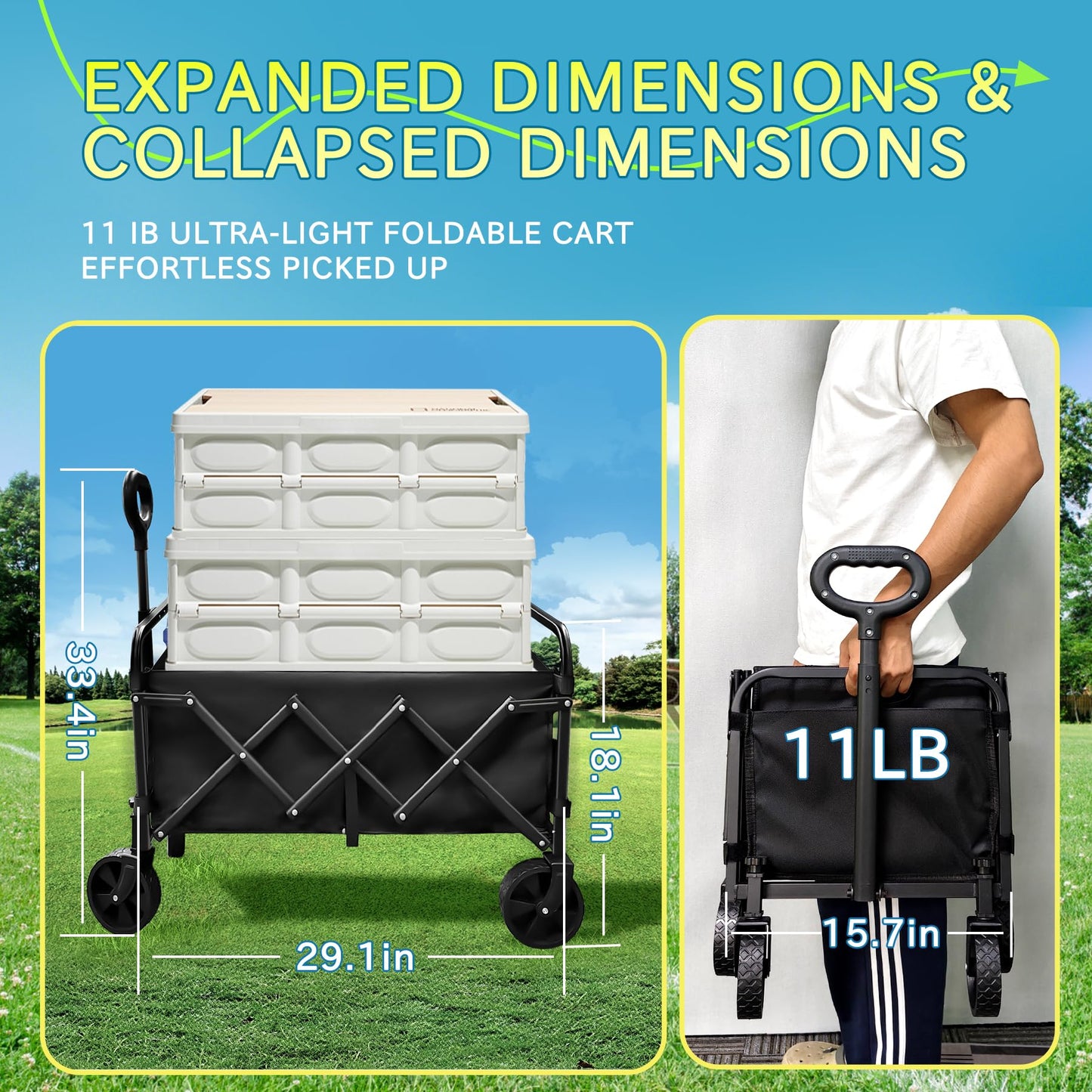 Collapsible Wagon with Wheels, 330 lbs Wagons Carts Foldable Wagon Cart, Carbon Steel Frame Structure, Lightweight Portable Folding Utility Grocery Shopping Cart for Grocery Sports Garden Camping