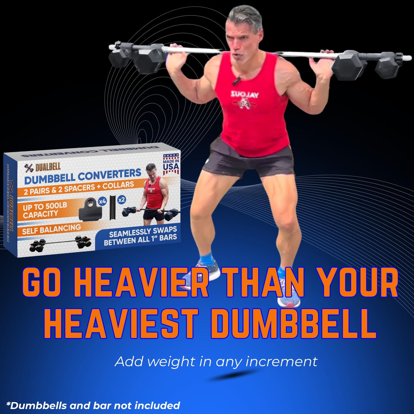 Dualbell Dumbbells to Barbell Converters- Quick Setup Dumbbell Connectors, 500lb Capacity Barbell Adapters, Secure Fit, Quick Setup, Fits 1" Bars, Home Gym Equipment, 2 Pairs w/Black Weight Collar