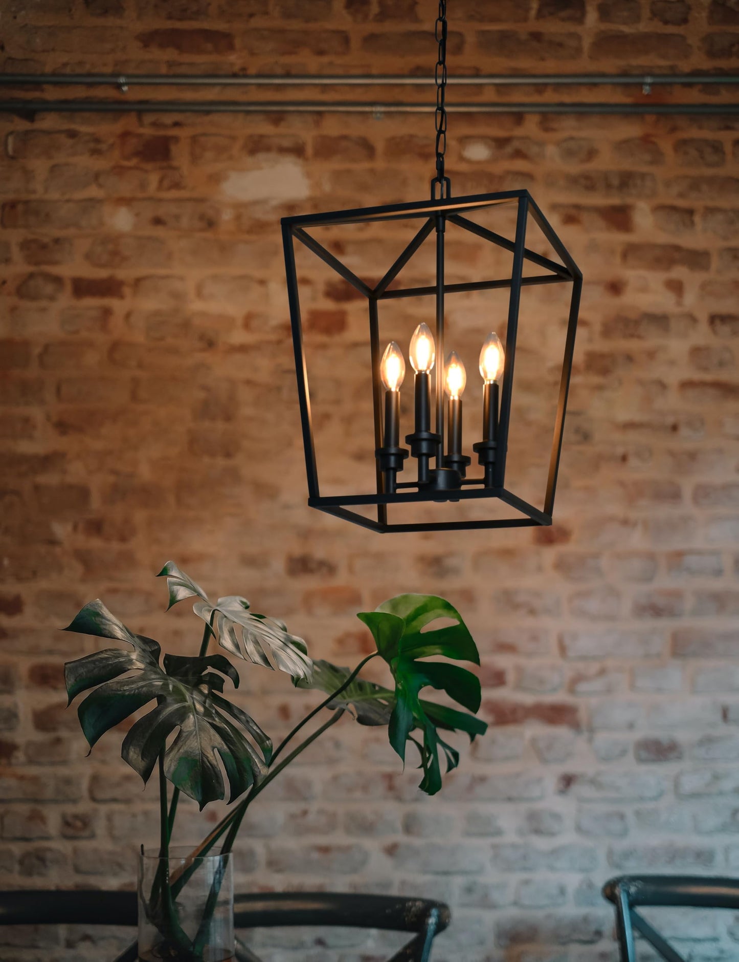 4 Light Chandelier, Industrial Ceiling Light Black Lantern Light Fixtures with Farmhouse Metal Cage Adjustable Height Hanging Light E12 Base for Kitchen Island, Entryway, Indoor, Textured Blak