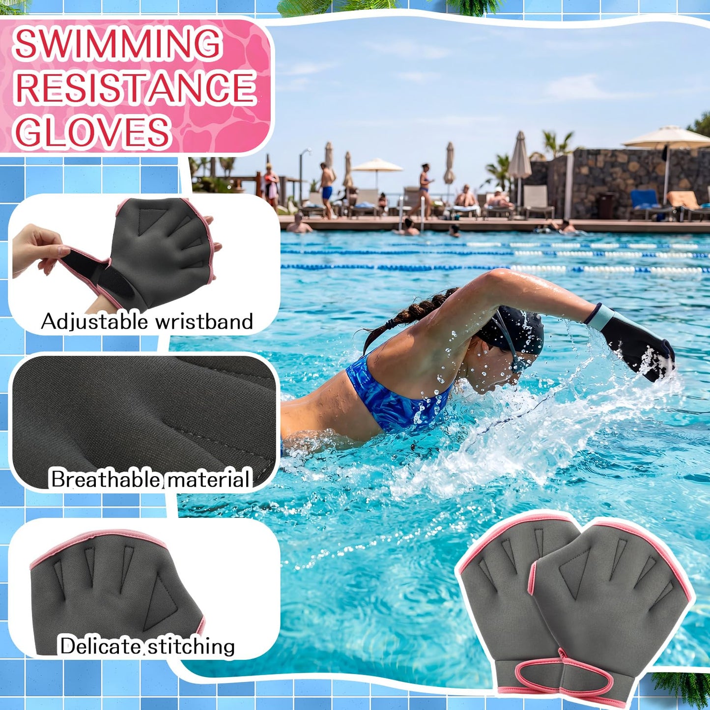 WinnerWhy 6 Pcs Aquatic Exercise Set Water Aerobic Equipment Large Mesh Beach Bag Pool Fitness Equipment Foam Dumbbell with Handle Strip Swimming Belt Gloves for Aquatic Fitness Weight Loss(Pink)