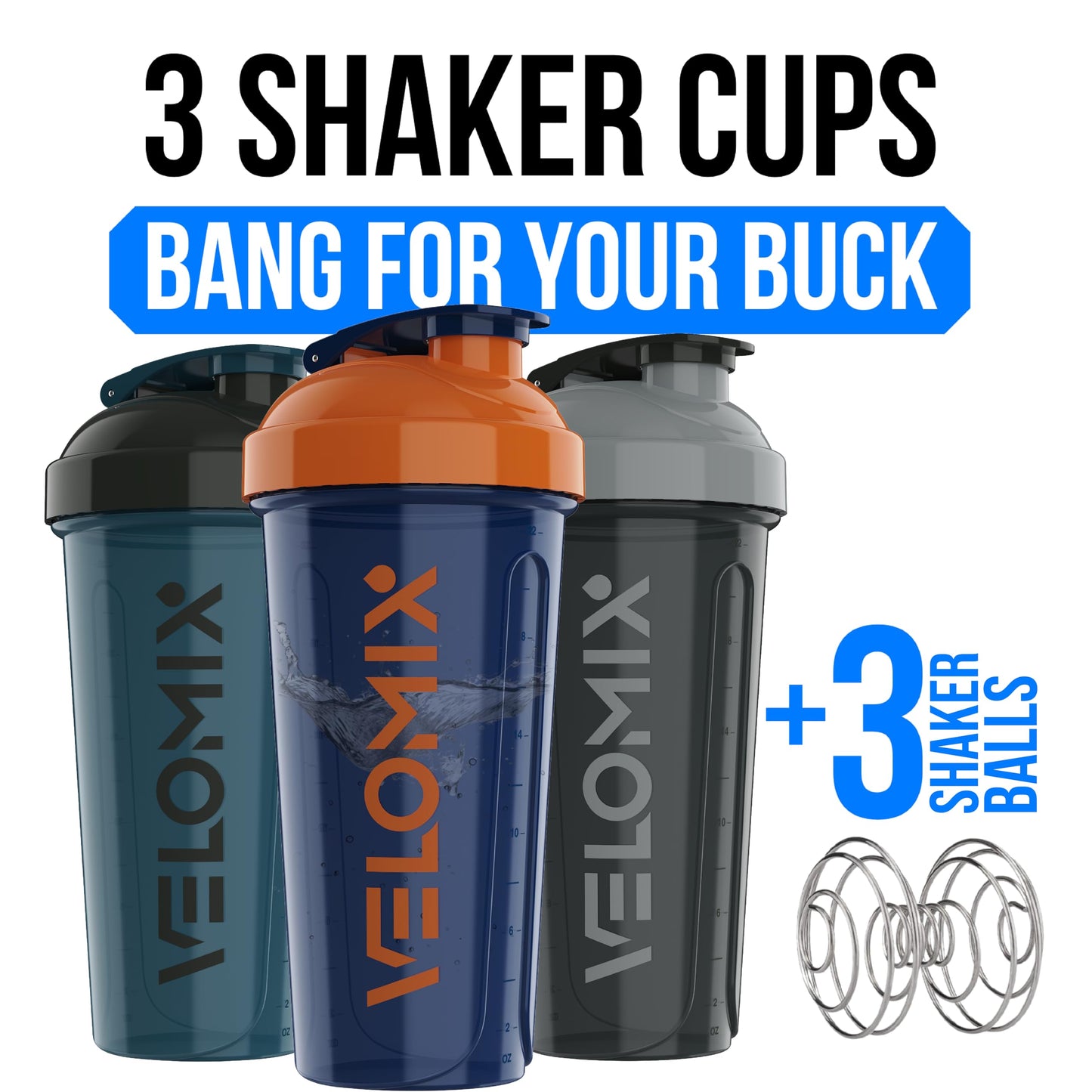 VELOMIX -3 PACK- 28 oz Protein Shaker Bottle for Protein Mixes - 3x Wire Whisk | Leak Proof Shaker Cups for Protein Shakes | Stackable Protein Shaker Bottle Pack | Dishwasher Safe (ColorBurst Set)