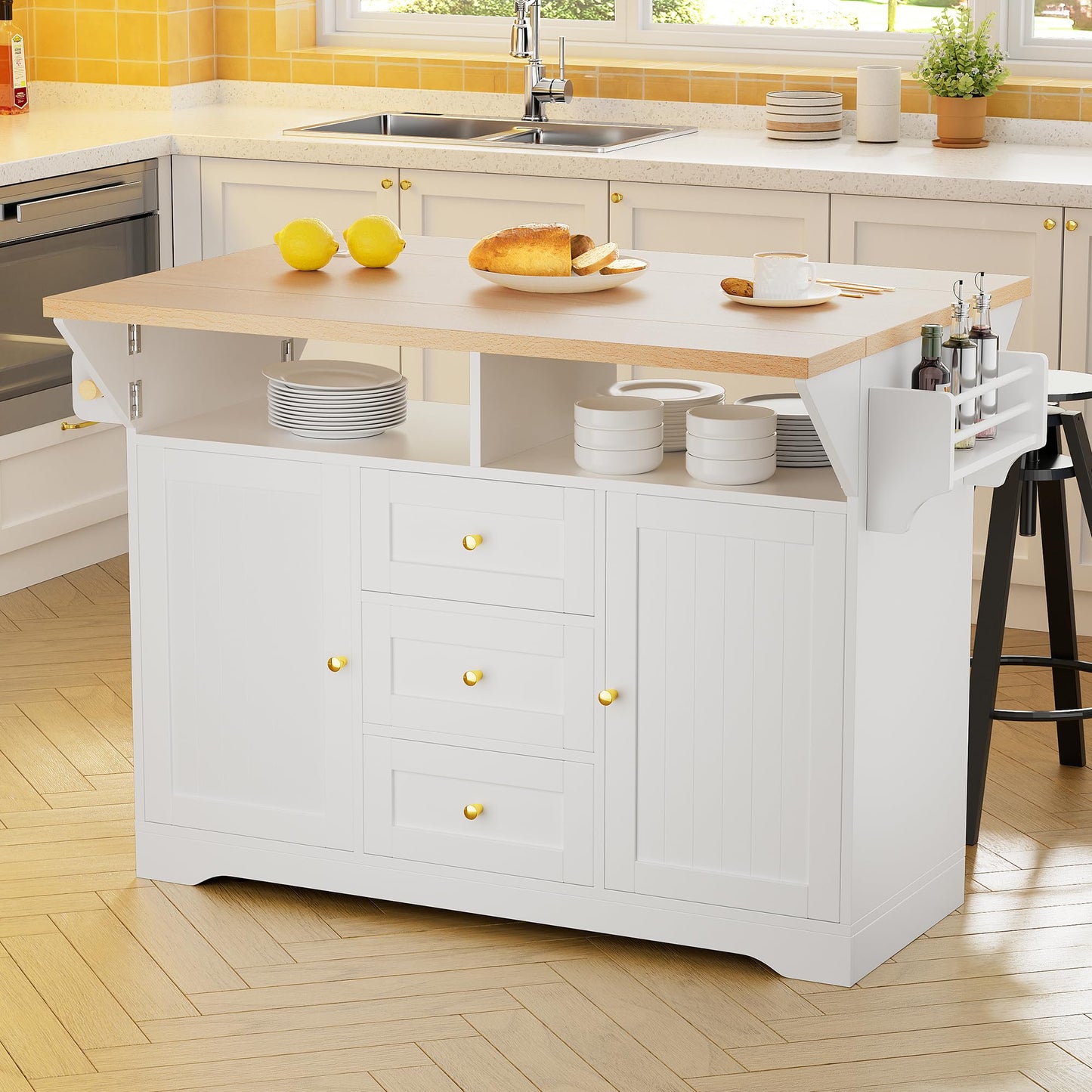 PVWIIK Large Kitchen Island,48 * 18 * 37 Rolling Kitchen Cart on 5 Wheels,Folding Storage Dining Table with 2 Drop Leaf,Spice & Towel Rack & 3 Drawers,Power Outletfor Kitchen, Dining Room,White
