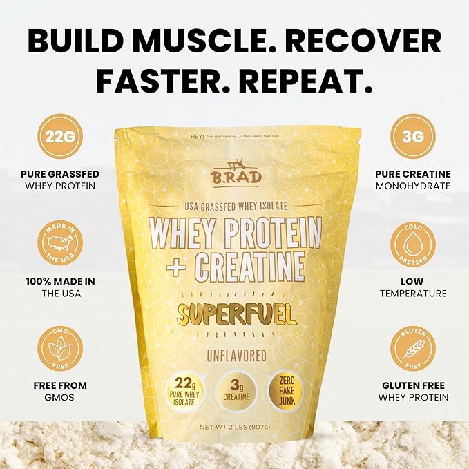 B.rad Superfuel - Grass Fed Whey Protein Isolate Boosted with Creatine | Farm-Fresh, Easy-to-Digest, Clean Ingredients | 2 Pounds | 100% USA Sourced | Unflavored