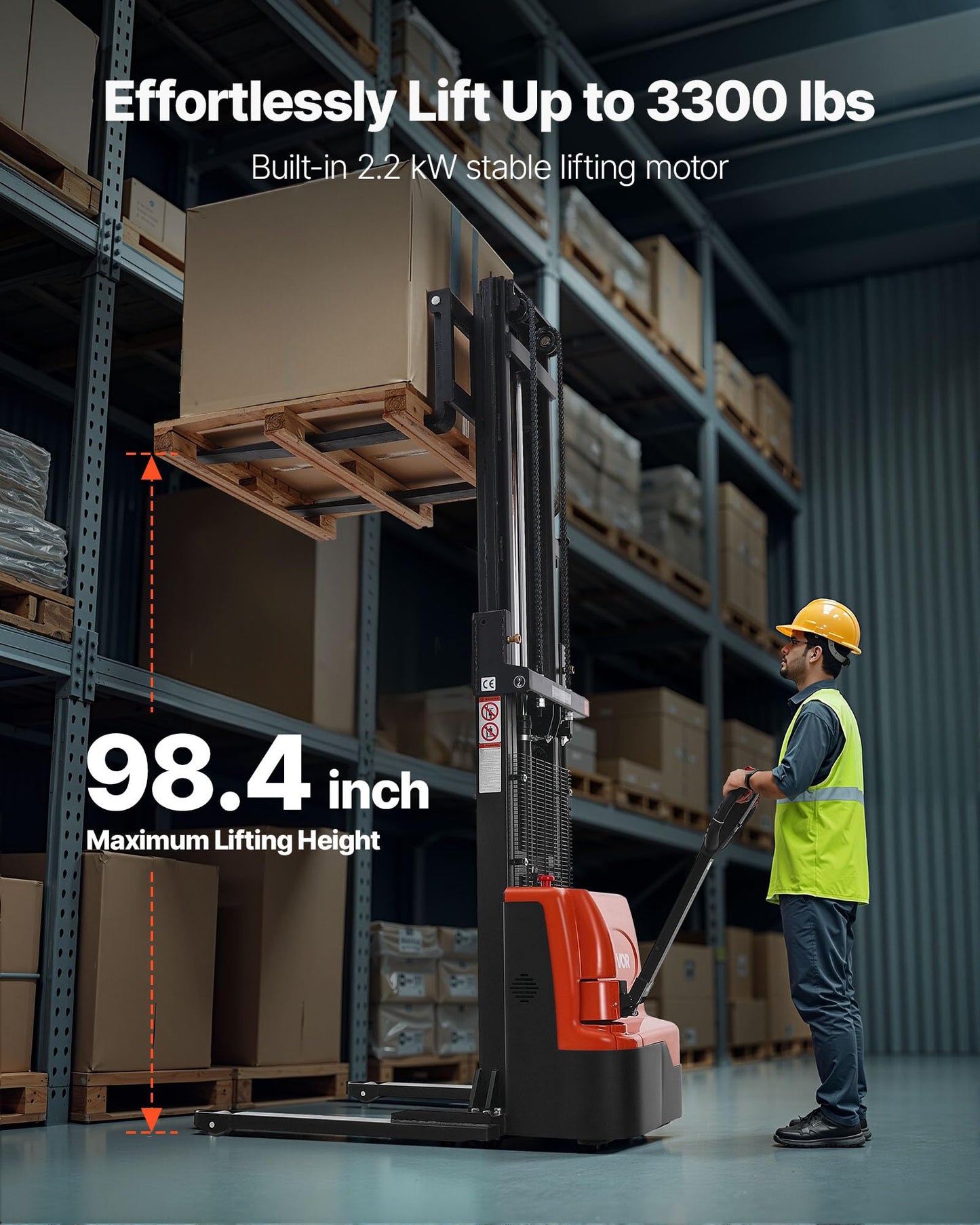VEVOR Full Electric Pallet Stacker, 3300 lbs Capacity, 98.4'' Lifting Height, Pallet Lift Stacker Forklift with Straddle Legs & Forks, 8.66-31.1 Inches Adjustable Fork Width, Orange & Black