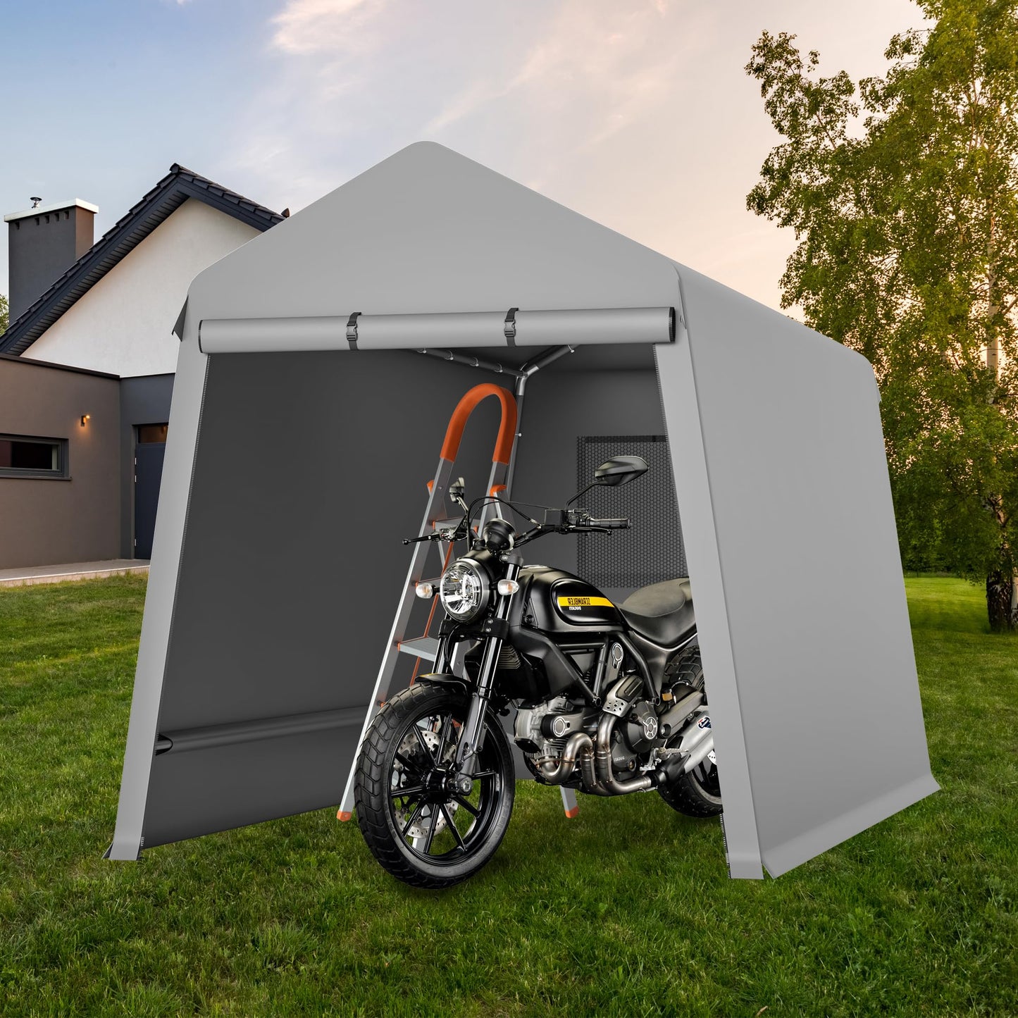 6x8 FT Heavy-Duty Portable Garage, Outdoor Storage Shelter Shed with Zipper Doors - Waterproof UV Resistant Carport Tent for Motorcycle, ATV, Lawn Equipment,Grey