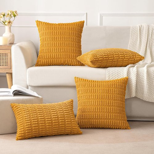 MIULEE Corduroy Throw Pillow Covers - Soft Boho Striped Design | 16x16 Inch, Gold Yellow for Modern Home Decor