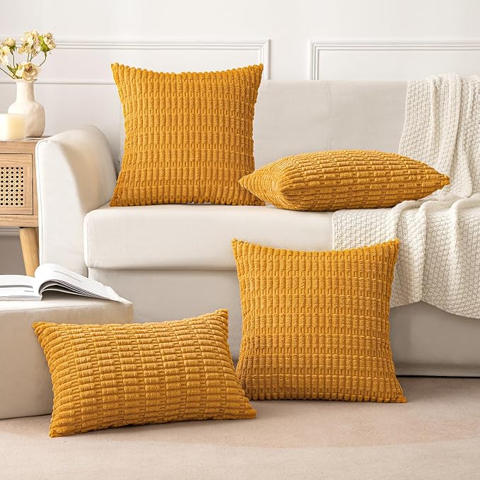 MIULEE Pack of 2 Corduroy Decorative Lumbar Throw Pillow Covers 20x12 Inch Soft Boho Striped Pillow Covers Modern Farmhouse Home Decor for Summer Sofa Living Room Couch Bed Gold Yellow