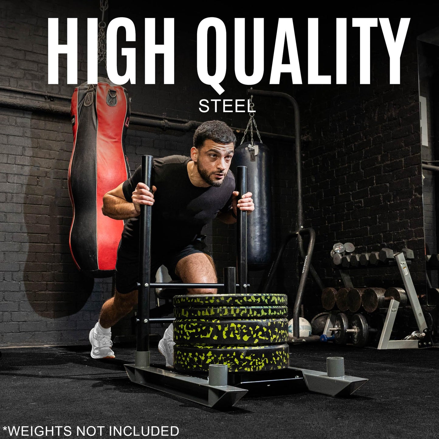 QUICKPLAY Weighted Push/Pull Sled - Heavy Duty Steel Strength & Conditioning Sled - Build Explosive Power, Speed & Agility - Folding, Compact Design - for 50mm Olympic Plates (Full Sled)