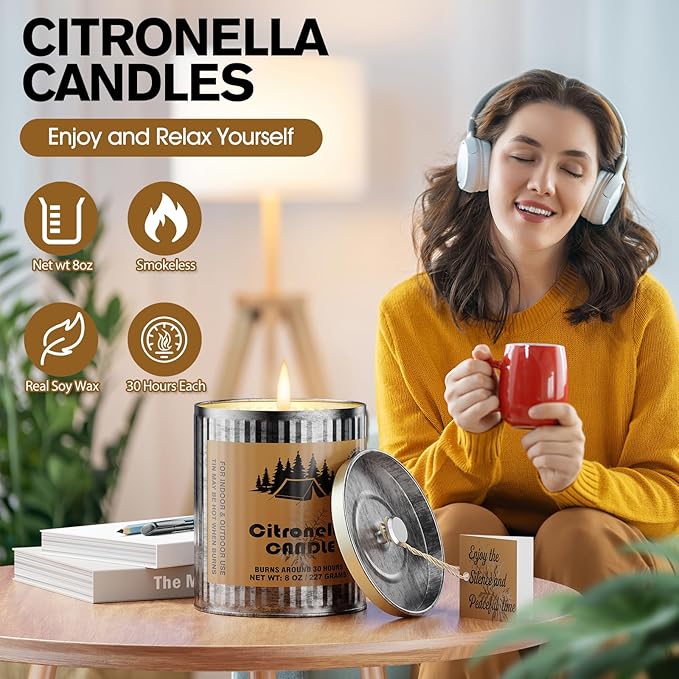 Citronella Outdoor Candle Set | 2-Pack 454g 80H Burn Time | Pure Soy Wax Jar Tin Outdoor Safety Candles for Camping Courtyard Garden | Smokeless Lemongrass Candles Gift for Men&Women