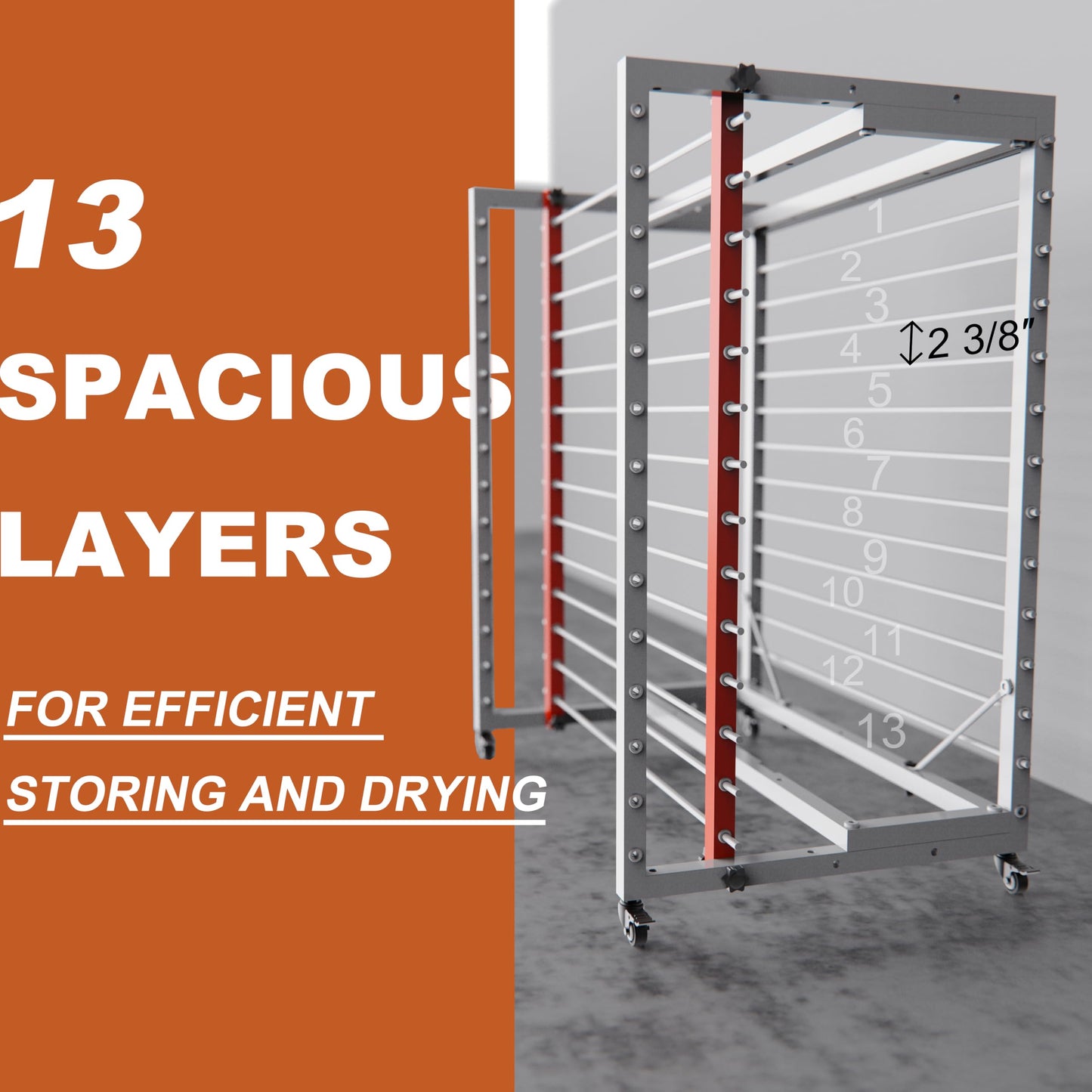 Sytekor Drying Painting Rack for Cabinet Doors – 13-Tier Metal Panel Stand with Locking Wheels and Adjustable Depth