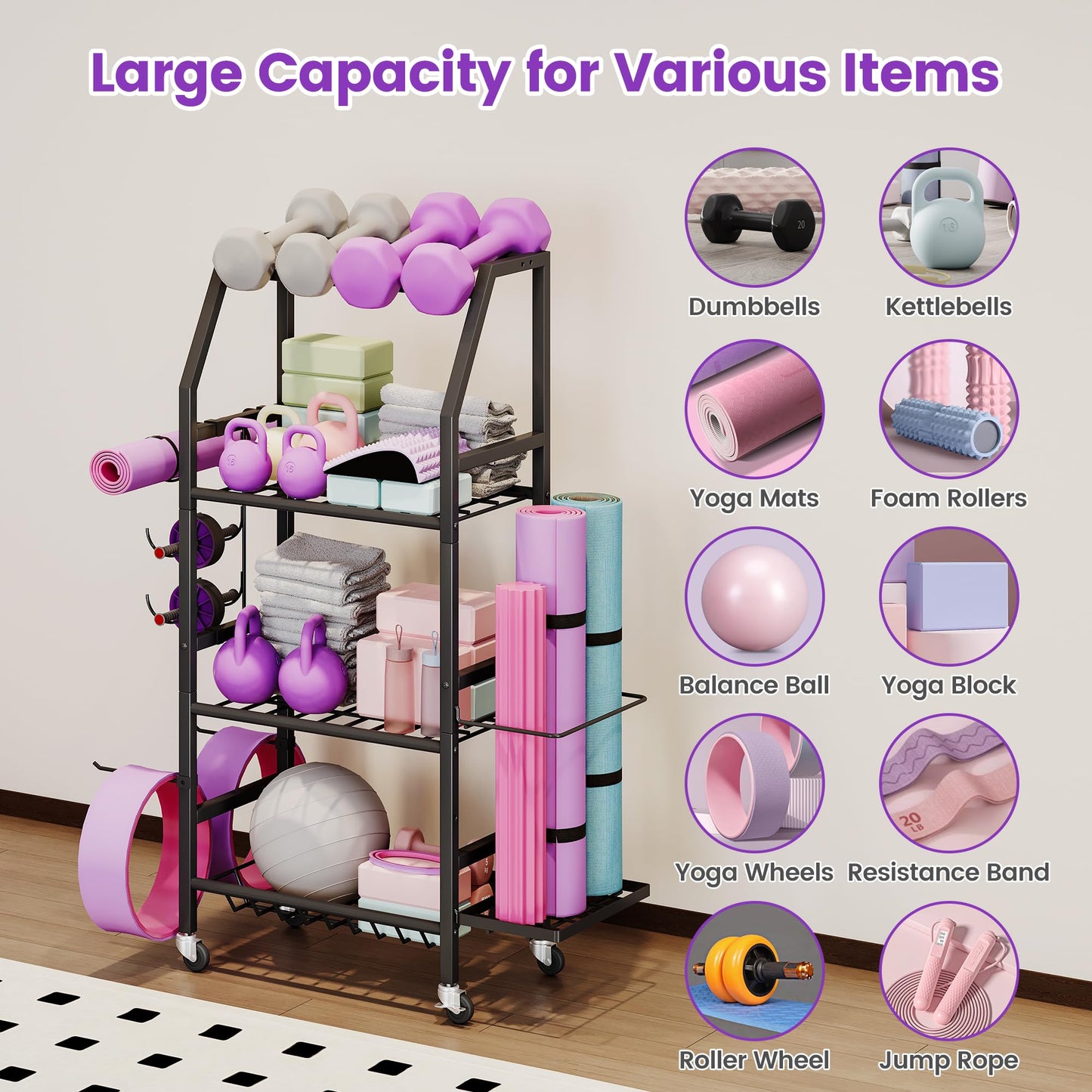 Homeiju Dumbbell Rack, 4 Tier Weight Rack for Home Gym, Yoga Mat Storage Holder with Lockable Wheels, Dumbbell Stand with Hooks, All in One Work out Equipment Storage for Yoga Mat Dumbbell and Balls