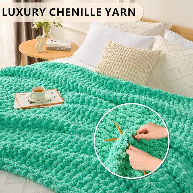 L'AGRATY Chunky Knit Blanket Throw: 50''x60'' Chenille Chunky Knitted Throw Blankets for Bed Couch - Handmade Thick Big Cable Knit Blanket - Large Crochet Rope Blankets for Home Decor(Aqua)