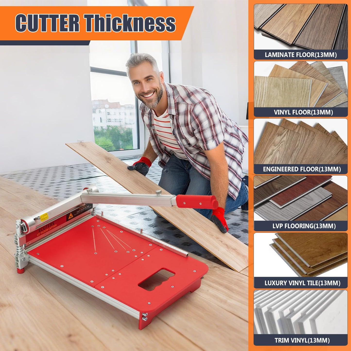 13“ Laminate Floor Cutter with Wheels, ECUTERS Pro Vinyl Floor Cutter, Compact Vinyl Plank Cutter, Adjustable Angle Length Cutting, Flooring Tools- Engineer Wood LVP LVT VCT SPC WPC