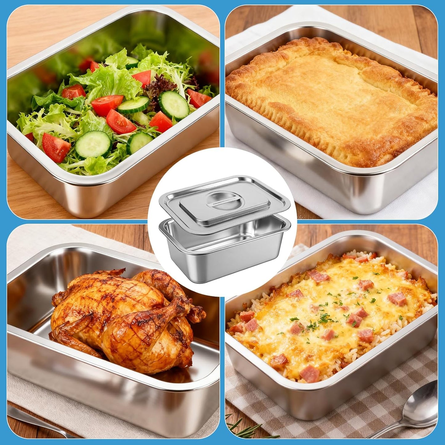 Skiennix 4-Inch Extra Deep Lasagna Baking Pan - 304 Stainless Steel with Lid | 8.5x12.4 Inch, Silver