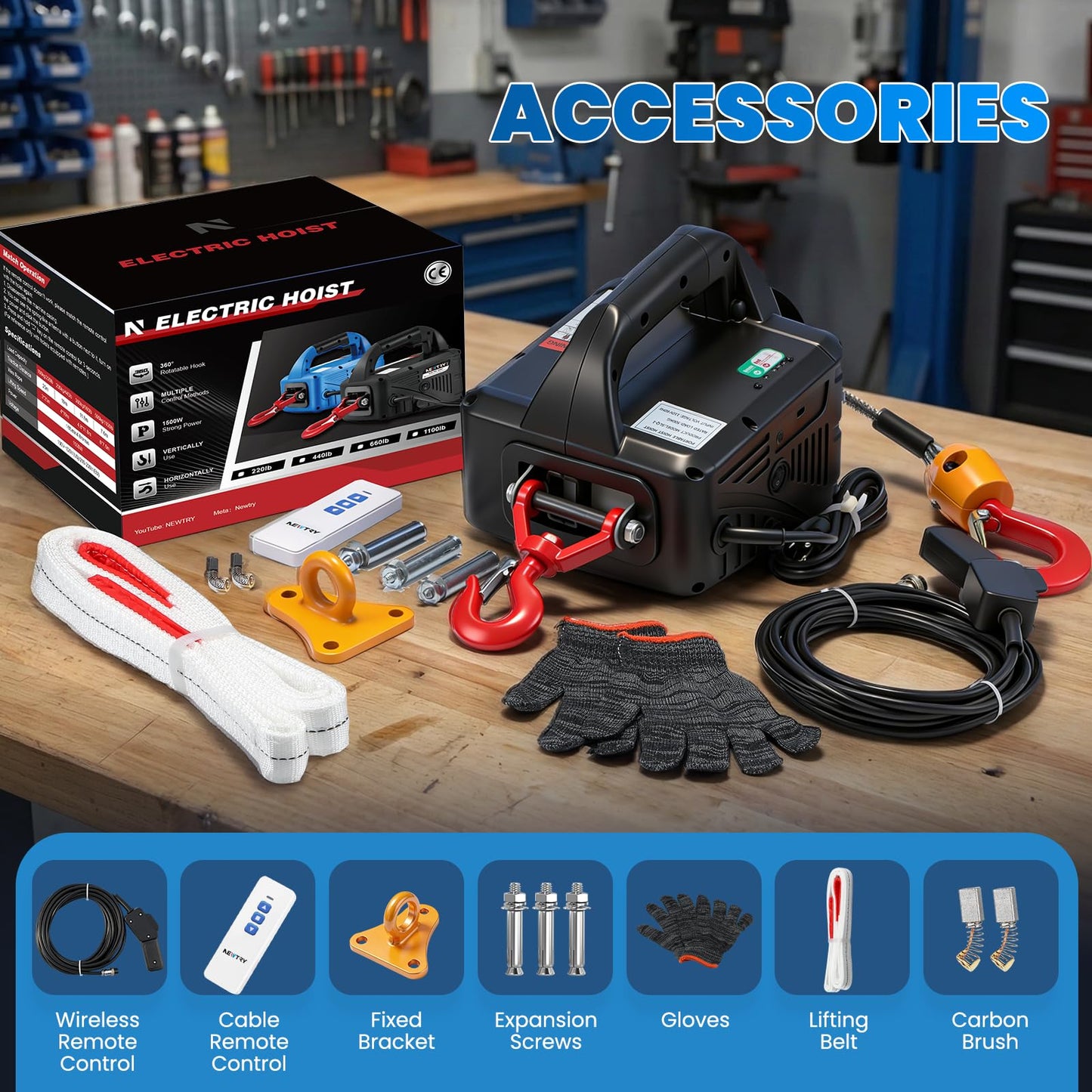 NEWTRY 3 in 1 Electric Hoist Winch 660lb, 110/120 Volt Portable Power Winch Crane with Cable Remote Control, 38ft Lifting Height, 16 ft/min Lift Speed, for Towing and Pulling