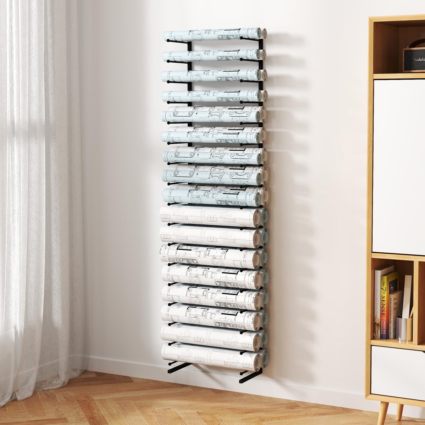 Large Blueprint Storage Rack, Wall Mount Vinyl Roll Storage Rack, Heavy Duty Roll File Holder, Blueprint, Poster, Plans, Gift Wrap, and Map Holder, Art Roll Paper Rack, Wrapping Paper Organizer