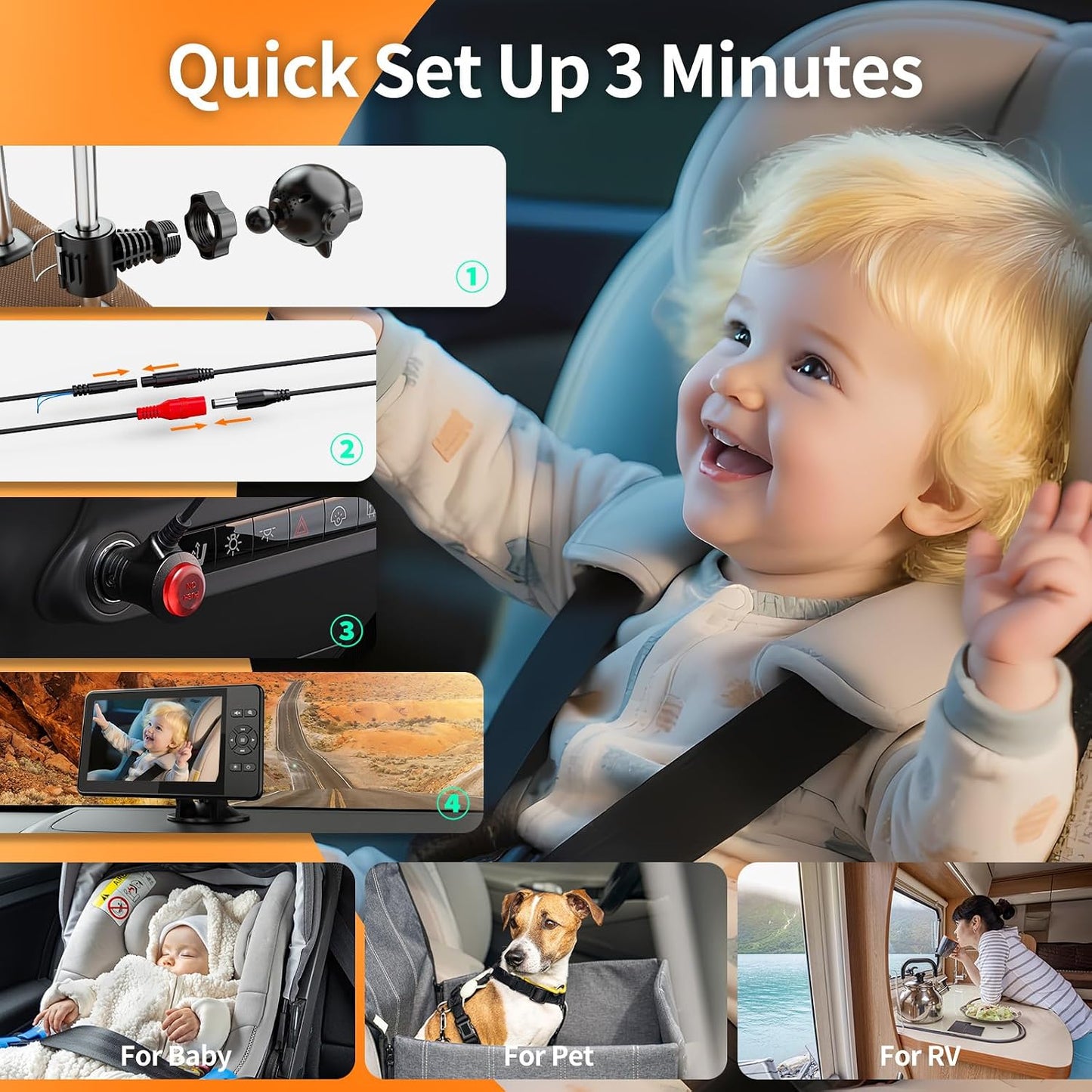 Setup 4.3'' 1080P 4X Zoom,10 360 Baby Car Camera,Plug and Play Easy HD Car Baby Monitor with Lullabies, Auto IR Night