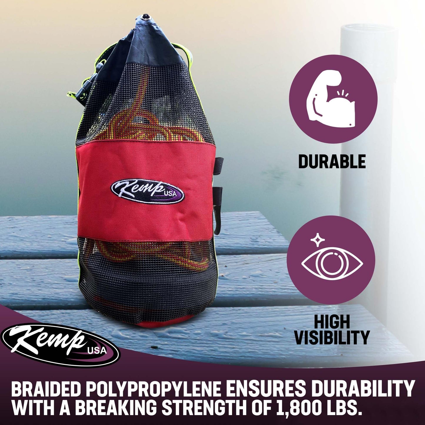 Kemp USA Throw Bag with 75 Foot Floating Rescue Rope Reflective Strap Self Draining Mesh Bag Throwable Flotation Water Rescue Safety Equipment Includes Bengal Whistle Red
