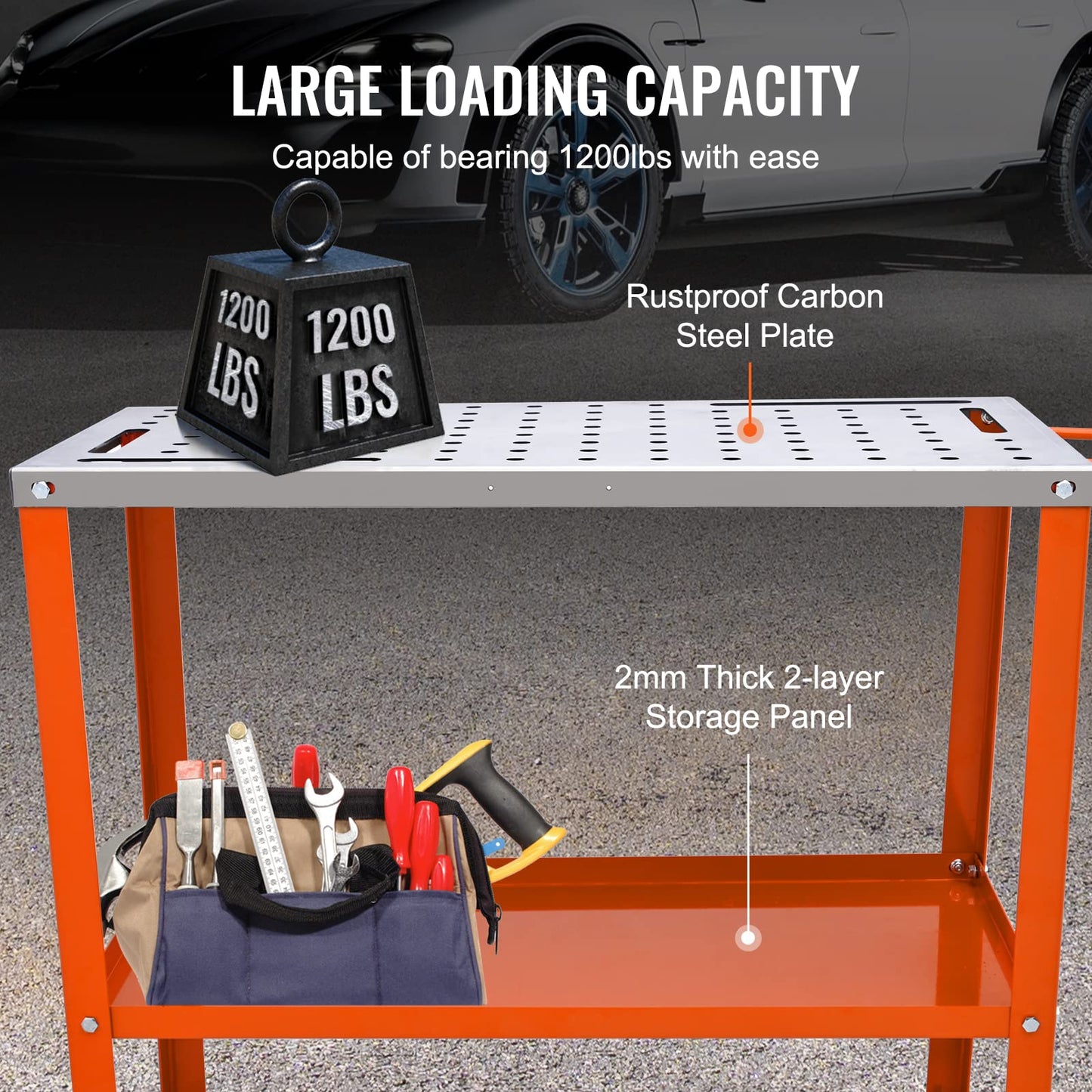 VEVOR Welding Table 36"x18", 1200lbs Load Capacity Steel Welding Workbench Table on Wheels, Portable Work Bench with Braking Lockable Casters, 4 Tool Slots, 5/8-inch Fixture Holes, Tool Tray
