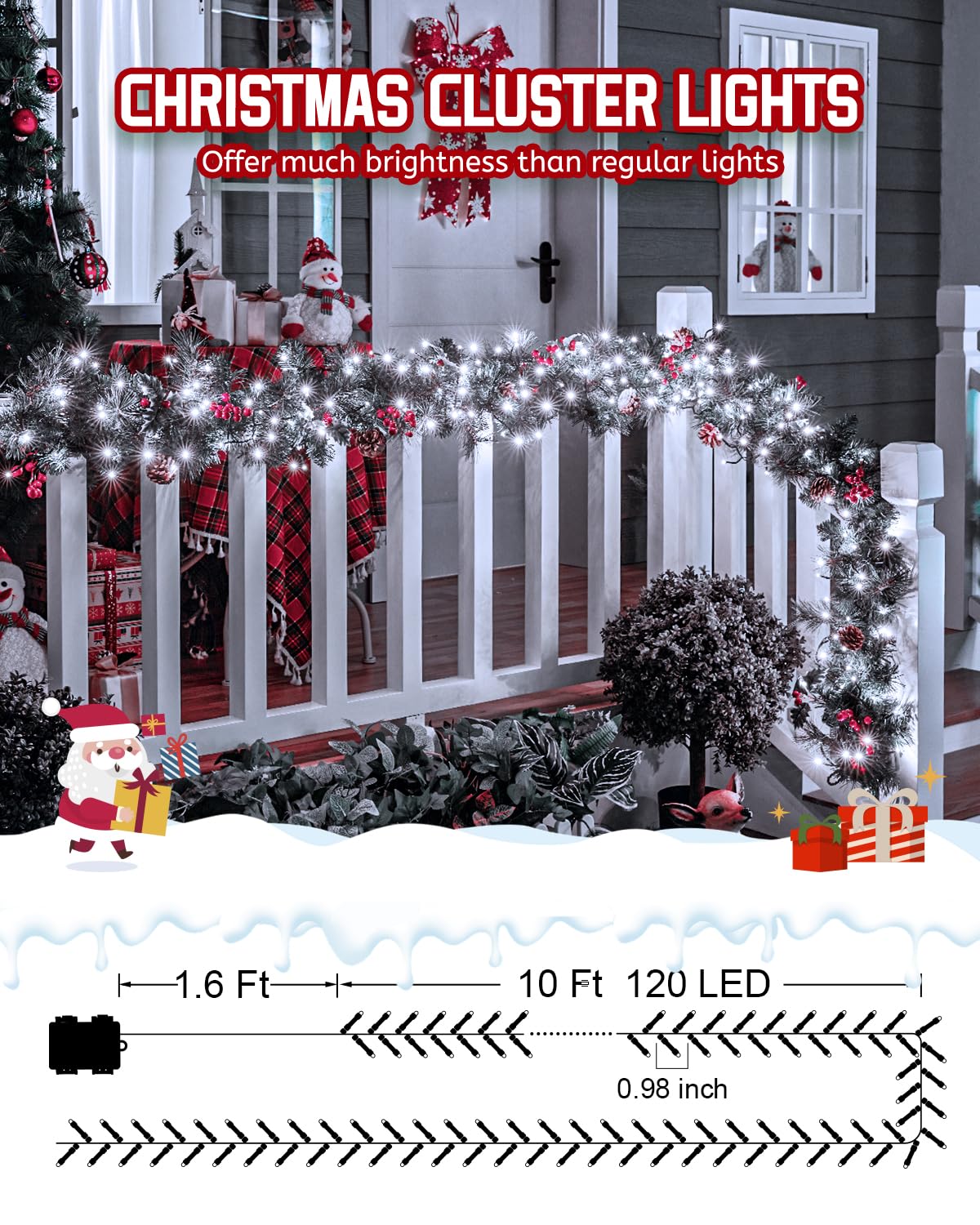 Minetom Christmas Cluster Lights, 10Ft 120 LED, Battery Operated, Waterproof, Cool White, 2 Pack, Model BPD-LUO-DCH-120D