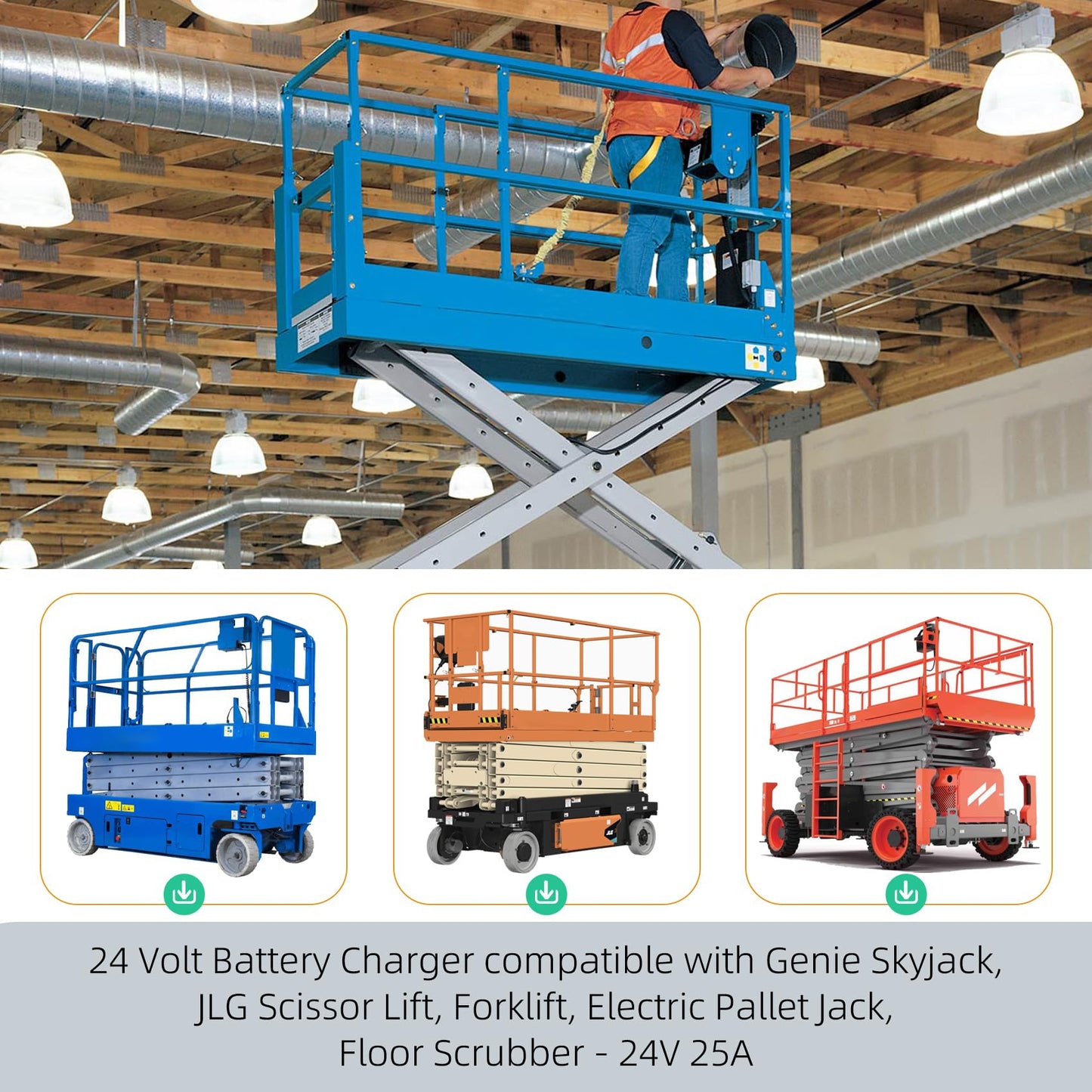 24V 25A Scissor Lift Battery Charger Compatible with Genie Skyjack JLG Scissor Lifts, 24 Volt Battery Charger for Forklift, Electric Pallet Jack, Floor Scrubber