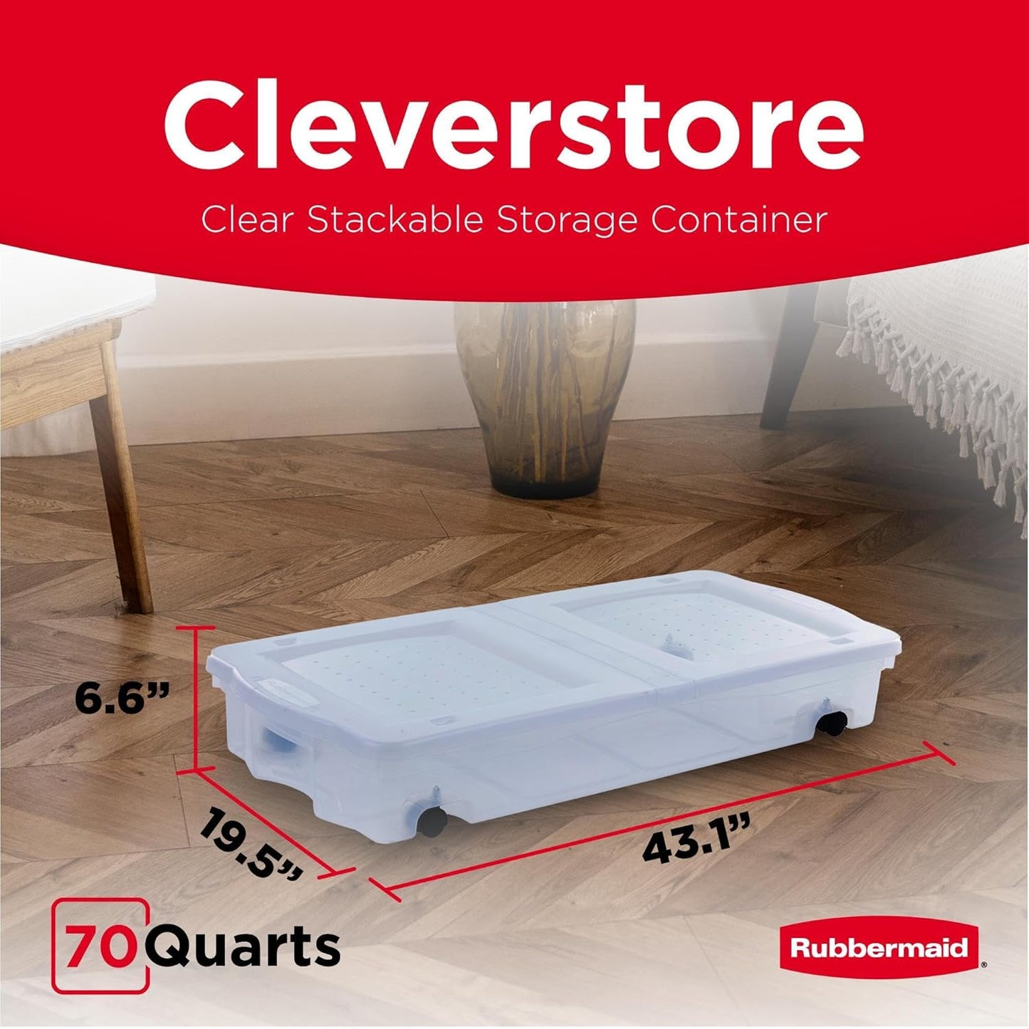 Rubbermaid 70 Quart Under Bed Storage Boxes - Dual Hinged Lids & Rolling Caster Wheels | Clear, 2 Pack
