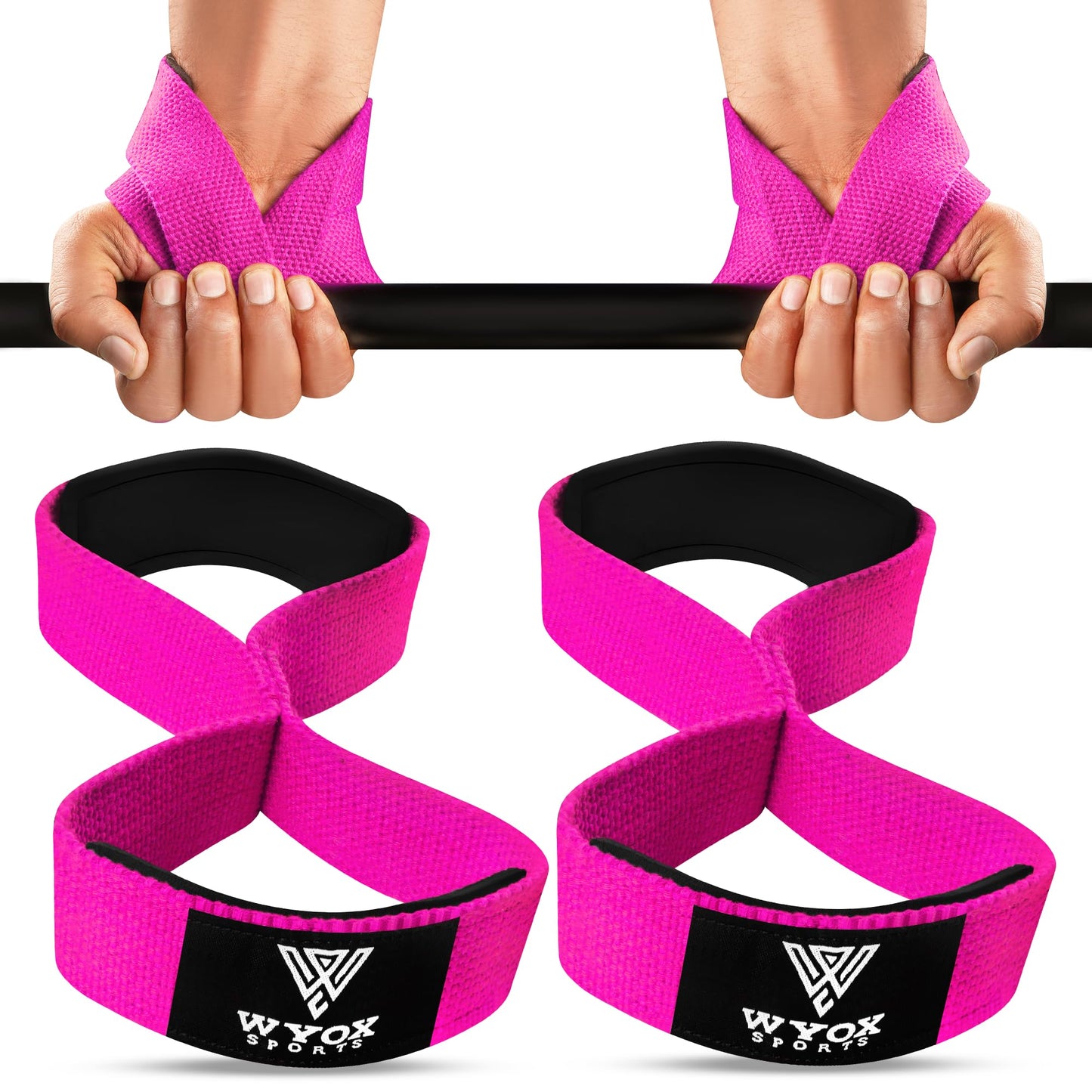 WYOX Figure 8 Weight Lifting Straps for Weightlifting Heavy Duty Deadlifting Workout Straps | Wrist Wraps Gym Equipment Gear Men Women PAIR (Pink, Standard)