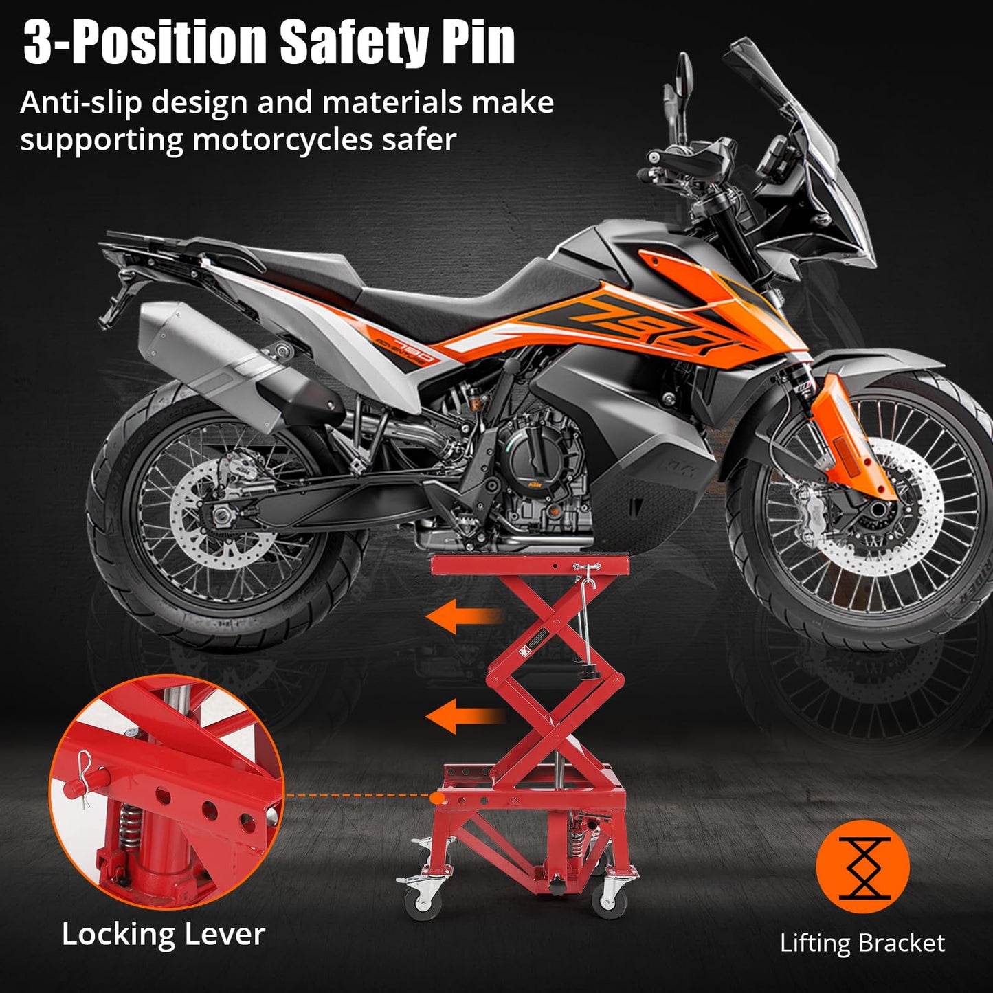 Hydraulic Motorcycle Lift Table, 350 LBS Capacity Foot-Operated Scissor Jack with Wide Non-Slip Deck, 3-Position Safety Pin & 4 Caster Wheels for ATV Dirt Bikes & Motorcycles