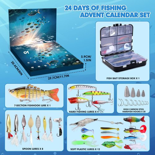 Fishing Advent Calendar - 24-Day Countdown with Lures & Tackle Set | Perfect Gift for Dads & Fishermen
