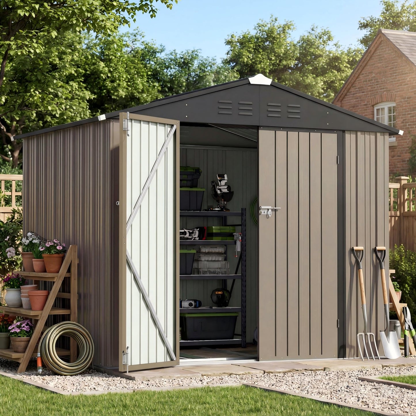 Patiowell 8x6 FT Outdoor Storage Shed with Floor Frame, Metal Garden Patio Sheds with Sloping Roof and Lockable Door, Waterproof Steel Tool Shed for Backyard Garden Lawn, Brown