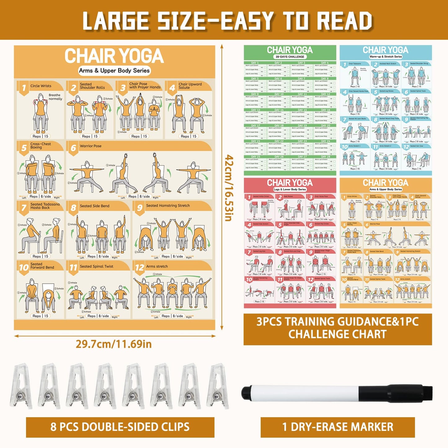 Chair Yoga Poster Set for Seniors & Beginners-3 Illustrated Guides,1 28-Day Challenges, 8 Double-Sided Clips &1 Dry-Erase Marker, 36 Poses Wall Chart Includes Postures, Instructions & Breathing Tips