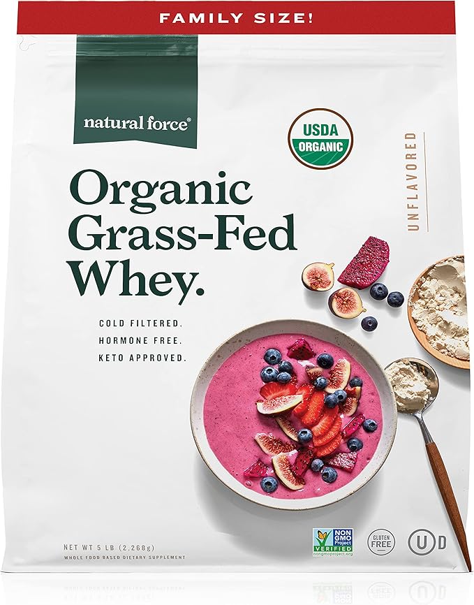 Natural Force Grass Fed Organic Whey Protein Powder ??Non GMO Verified, Humane Certified & Lab Tested for Toxins ??Pure & Unflavored ??Keto Friendly, Low Carb, and Kosher ??5 Pound A2 Protein