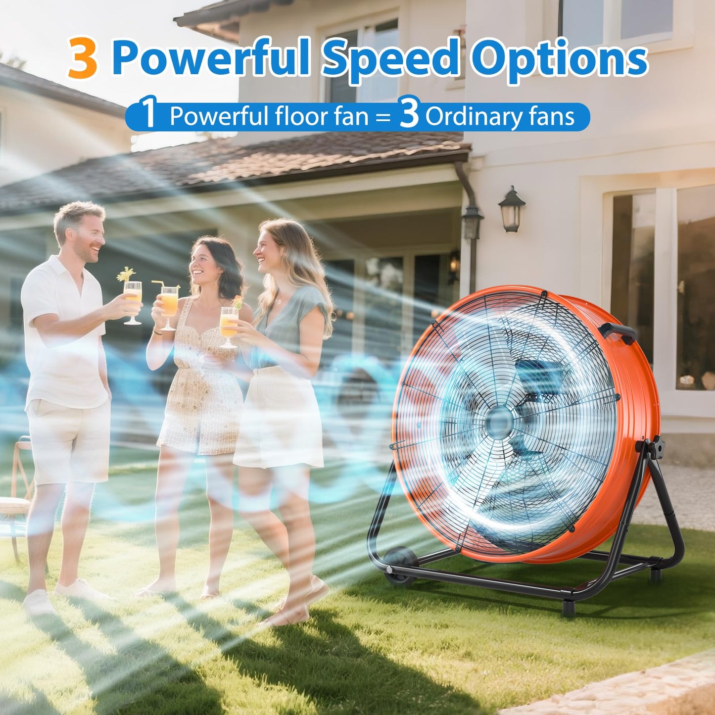 LifePlus 24 Inch Industrial Drum Fan, 320W High Velocity Floor Fan, 3 Speed Heavy Duty Metal Air Circulator, 360° Tilt with Casters Handle ETL Standard for Patios, Warehouse, Commercial, 8900CFM
