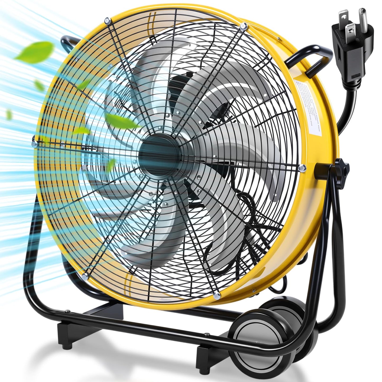 ZeahVeyora 20" High Velocity Industrial Drum Fan 7 Metal Blades Heavy Duty Metal Industrial Floor Fan 3 Speed with Handle and Roller, 360° Rotation for Warehouse Basement Factory Barn Garage(Yellow)
