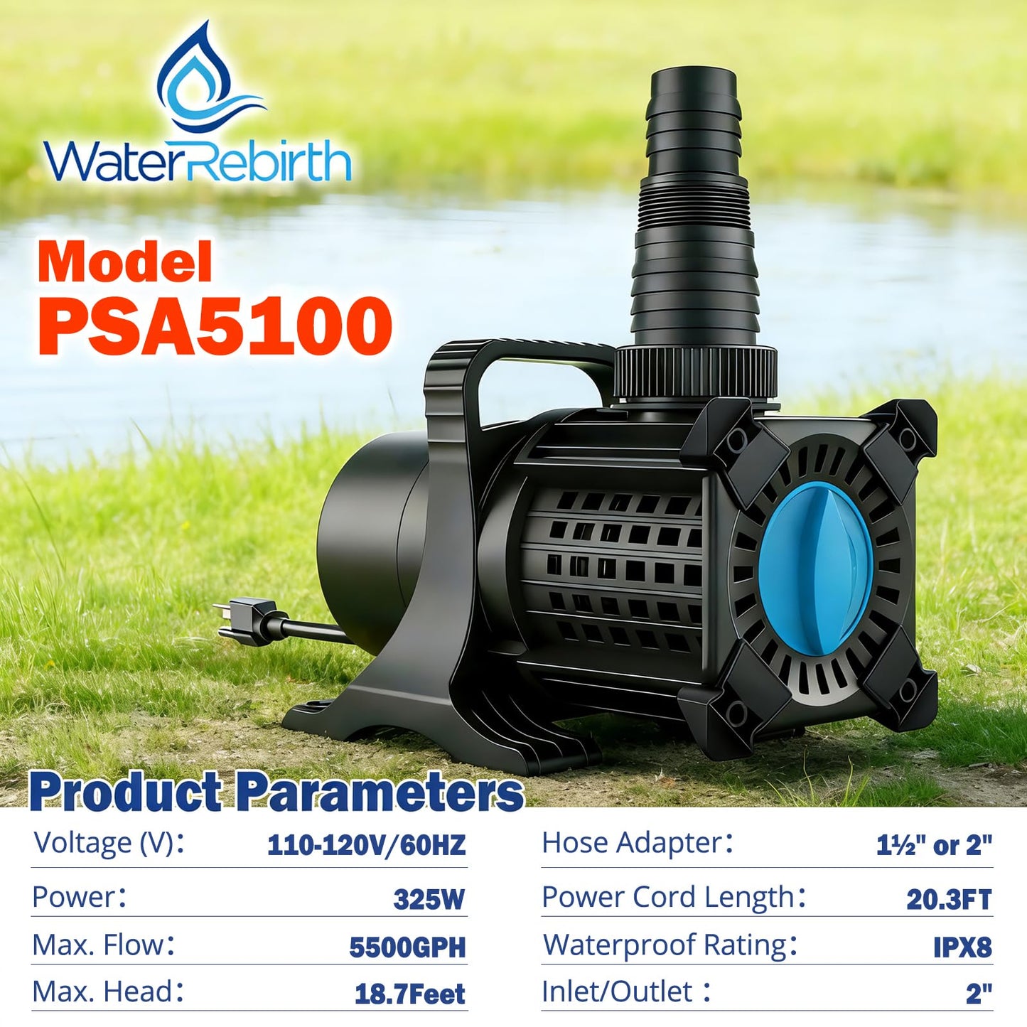 WaterRebirth PSA5100 High Flow Freshwater Pond Pump, 5500GPH 325W Submersible or External Water Pump, 18.7ft Max Lift, Ultra Quiet Waterfall Pump with 5-Position Adjustable Outlet
