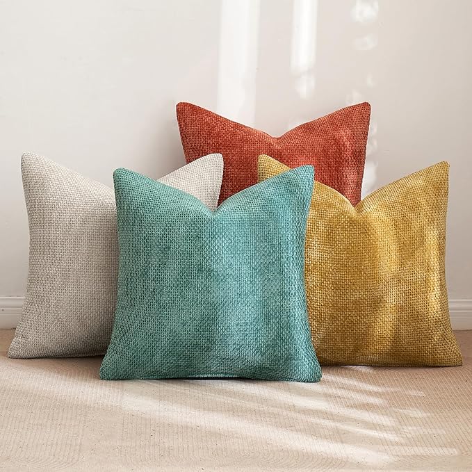 MIULEE Pack of 4 Couch Throw Pillow Covers 18x18 Inch Neutral Orange/Teal Soft Decorative Chenille Pillow Covers Farmhouse Accent Cushion Covers for Boho Home Decor Spring Sofa Bedroom Living Room