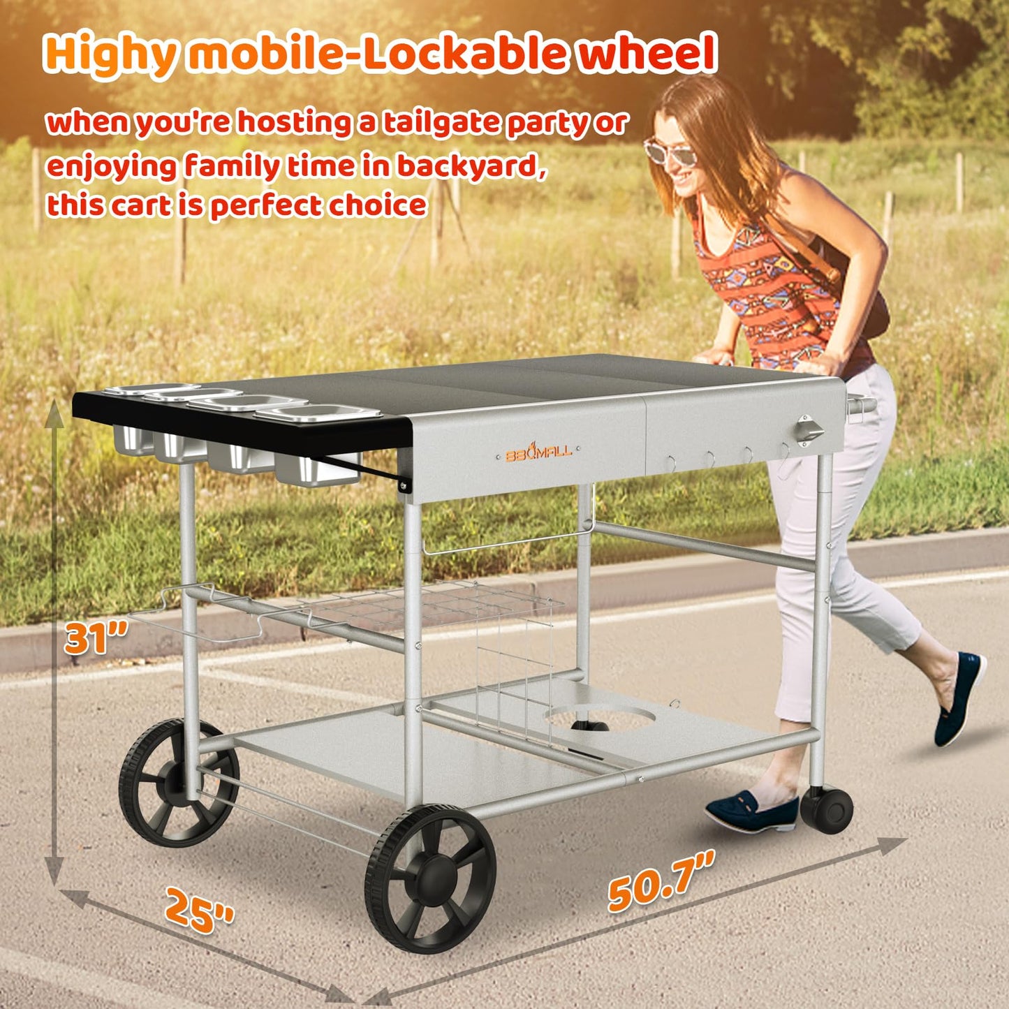 Pizza Oven Table Grill Cart with Topping Station, Grill Table Stand with Wheels for Ninja, Blackstone Griddle, Ooni, Gozney, Cuisinart, Heavy Duty BBQ Prep Cart with Storage Shelf and Hooks