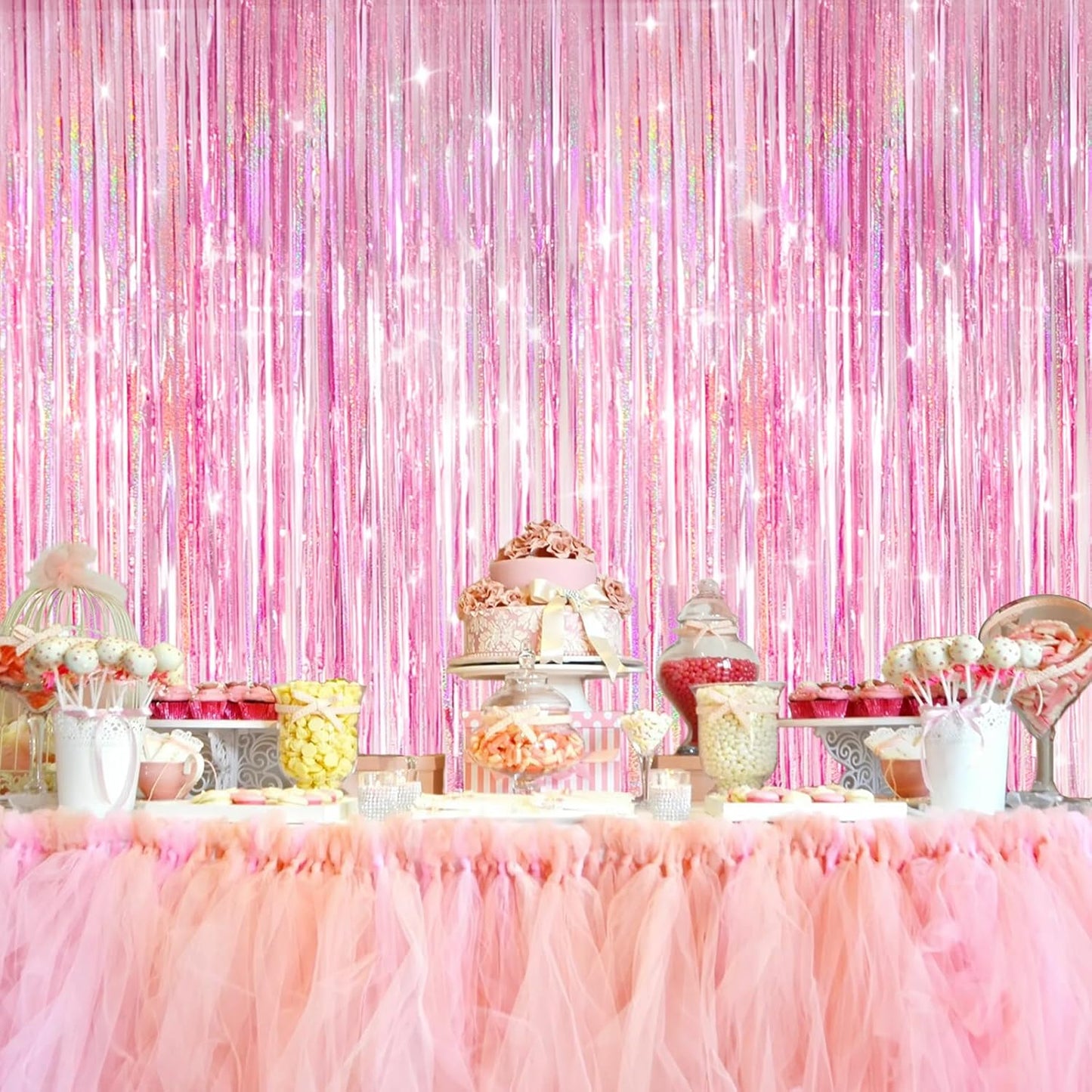 Skiennix Shiny Pink Tinsel Foil Fringe Curtains - 2 Pack Party Backdrop for Birthday & Baby Showers