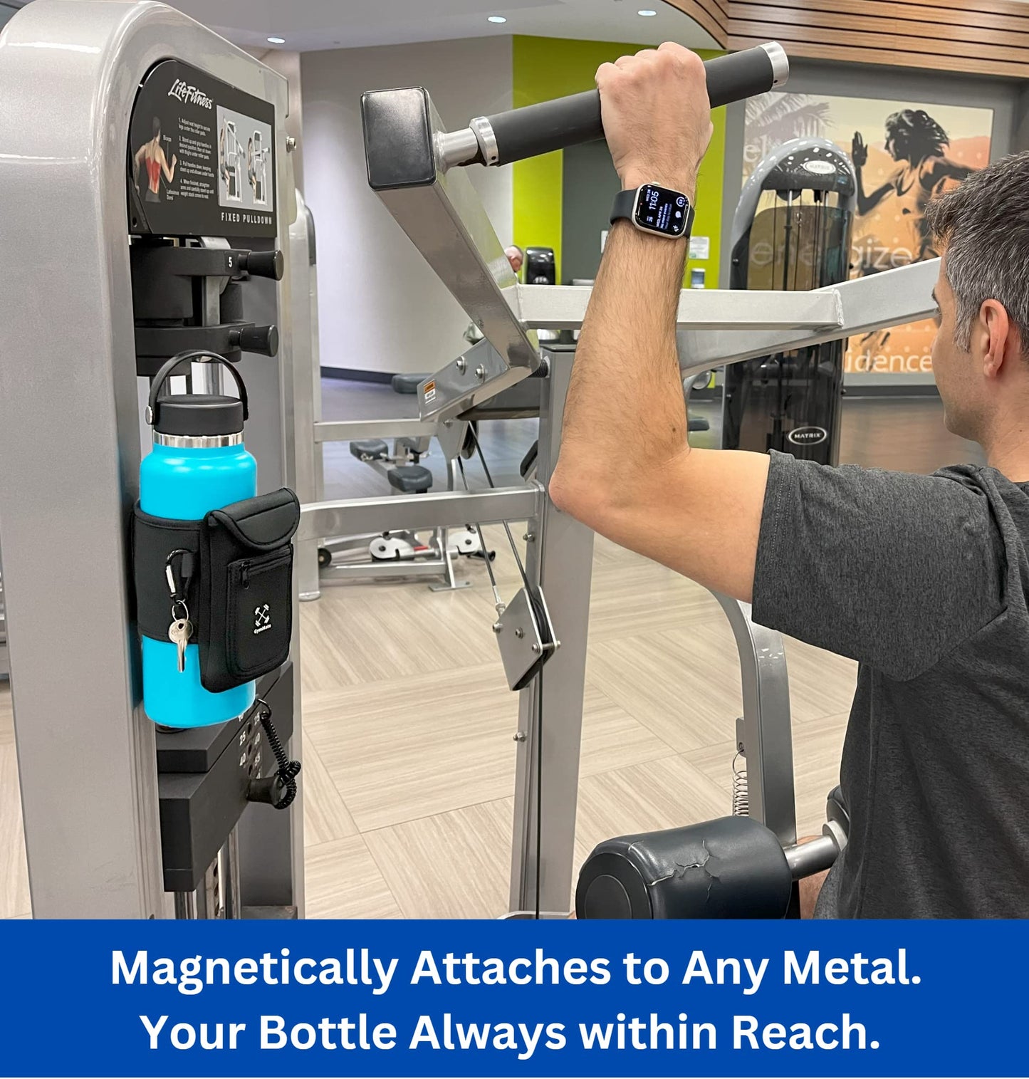 Gym Mate Magnetic Water Bottle Sleeve Pouch for Gym. Attaches Magnetically to Metal Surface so Your Bottle is Always Within Reach. Accessory Pockets for Cell Phones, Key, Cards, Headphones.