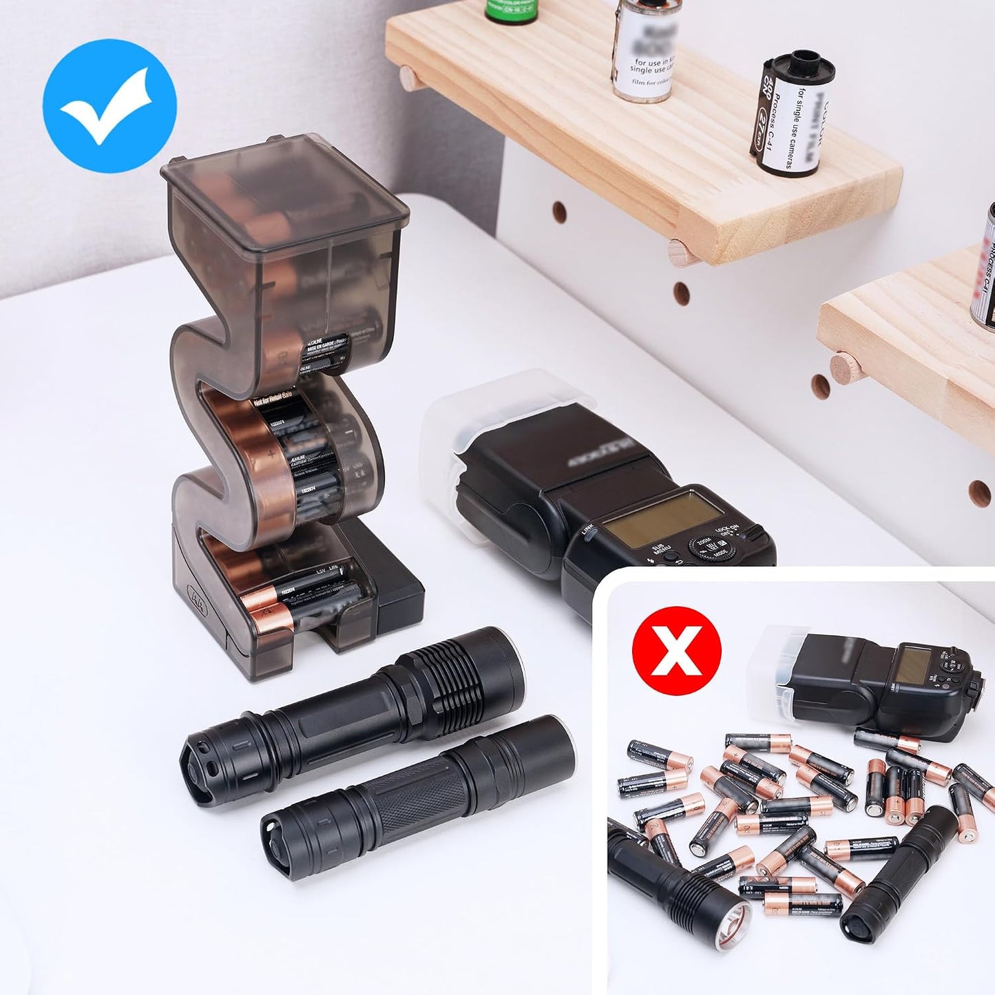 KIWIFOTOS 27 35 Set 2PCS AA & AAA Combo Battery Case Holder with Tester, Pegboard Wall Mount Battery Organizer