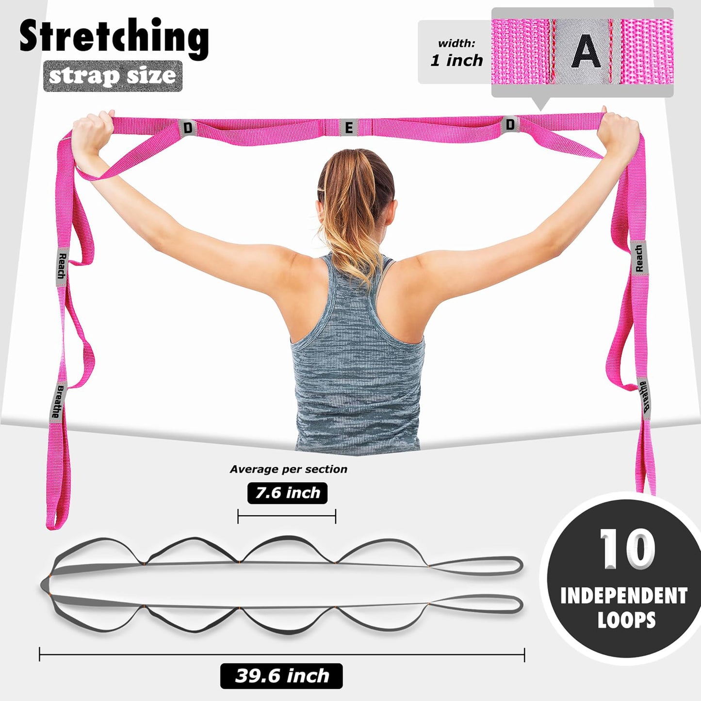 LXLOVESM Stretching Strap Yoga Strap with 10 Loops, Non-Elastic Stretch Band for Physical Therapy, Flexibility, Exercise, Pilates, Dance & Gymnastics Workout (Pink)