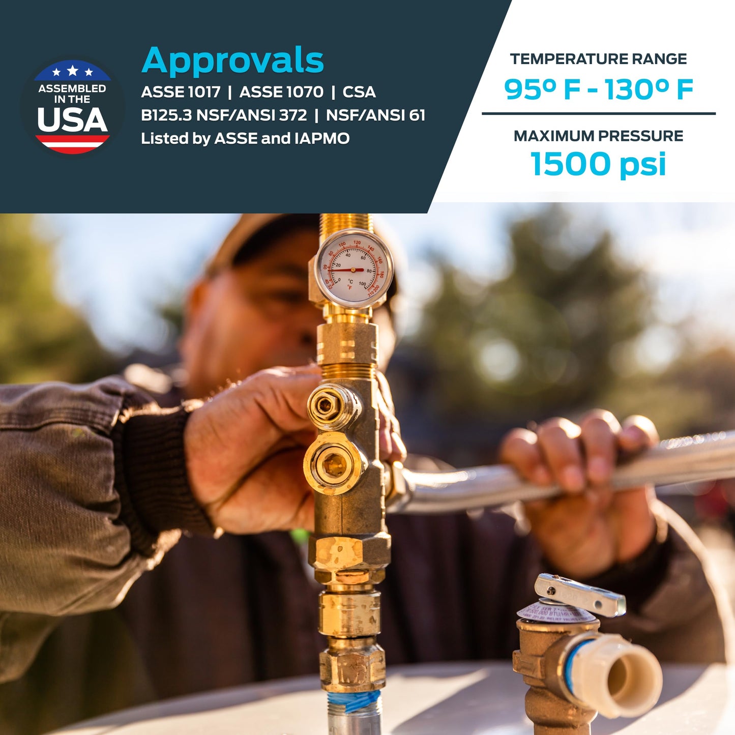 Cash Acme 3/4 Inch Tank Booster Water Heater with Thermostatic Mixing Valve, Temperature Gauge, Braided Hose, Domestic and Commercial Application, PEX Pipe, PE-RT, CPVC, Copper, 24644