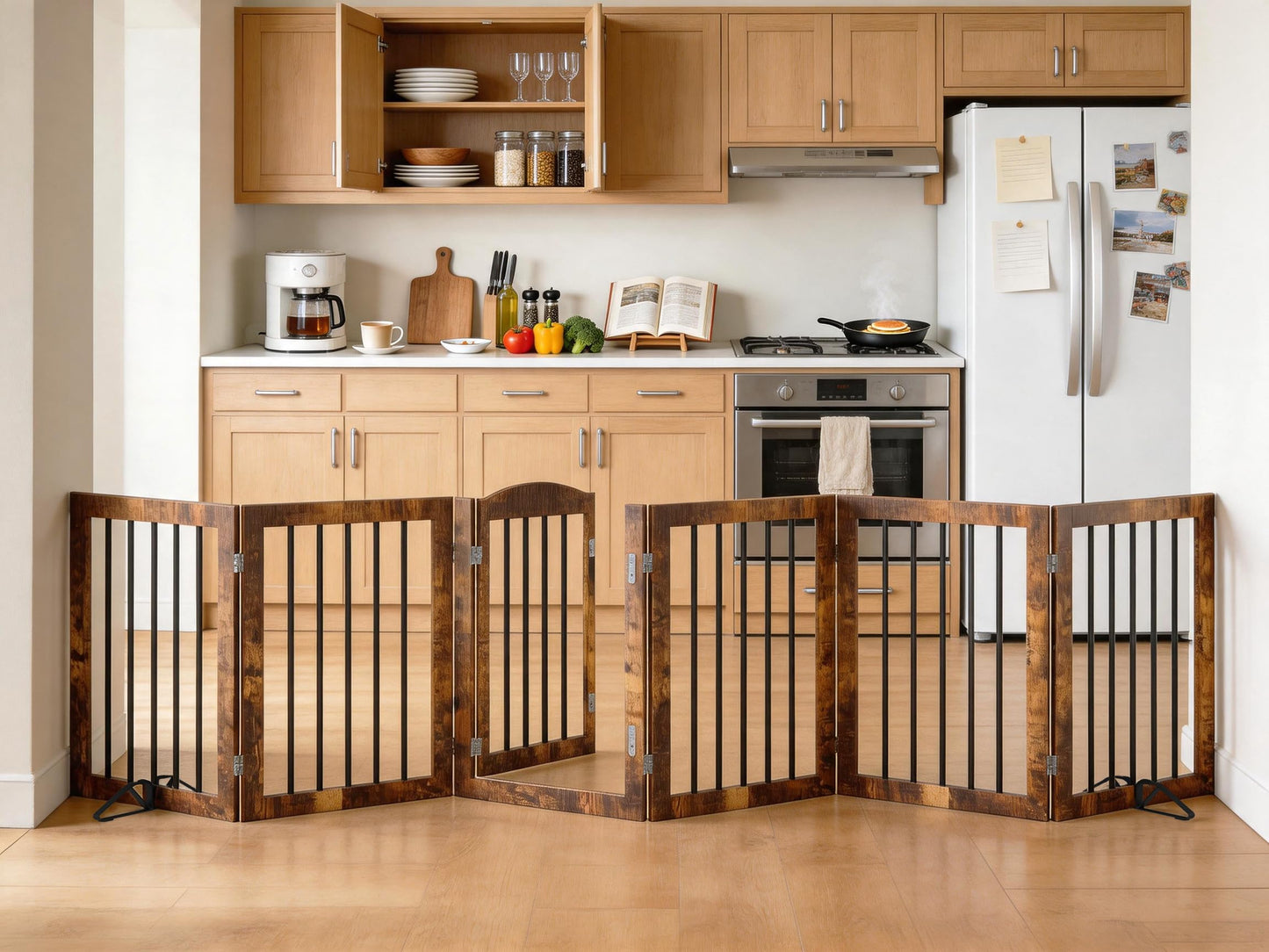 Vantas Folding Pet Gate 120" Wide, 30" Tall No-Assembly Wooden Dog Gate with Door Walk Through, Freestanding Puppy Safety Fence, with 2PCS Support - Rustic Brown
