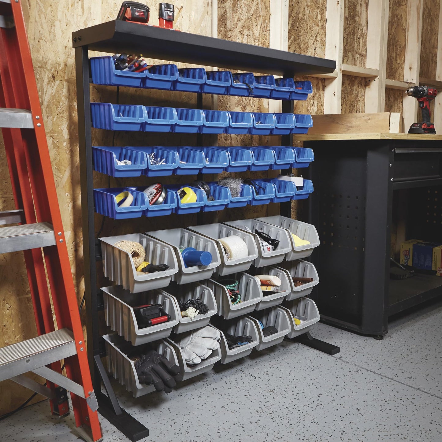 Strongway Single Side Bulk Storage Rack Unit with 47 Assorted Bins - 36 1/2in.W x 14in.D x 46in.H