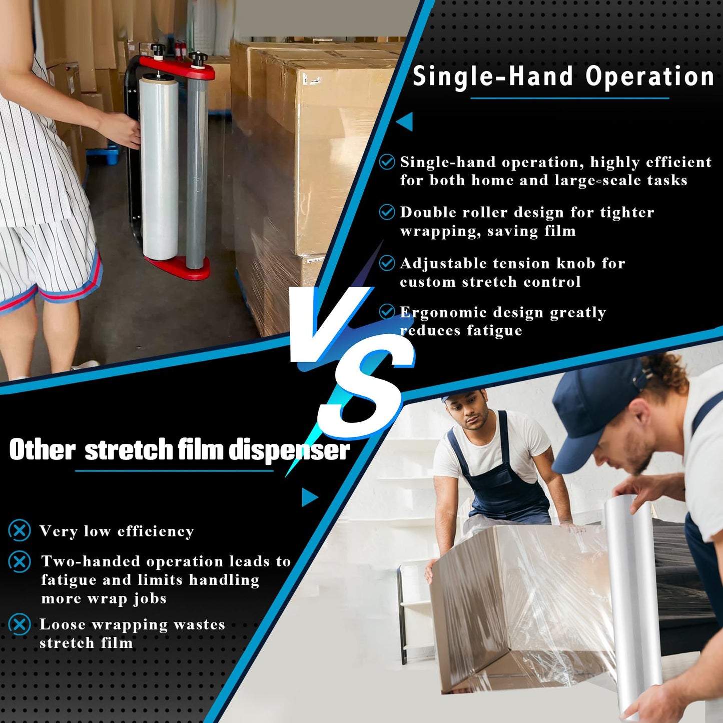 Ergonomic Stretch Film Dispenser - Reduces Operator Fatigue, Shrink wrap Handle for Warehousing, Logistics, Pallets, Commercial, and Home Use (18-in Dispenser for 18-in Stretch Film)