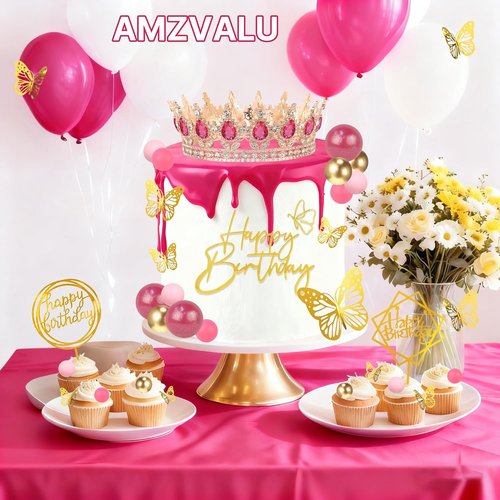 AMZVALU Crown Cake Topper Set - 3 Happy Birthday Decorations with Candles & Butterflies | Rose Gold & Pink