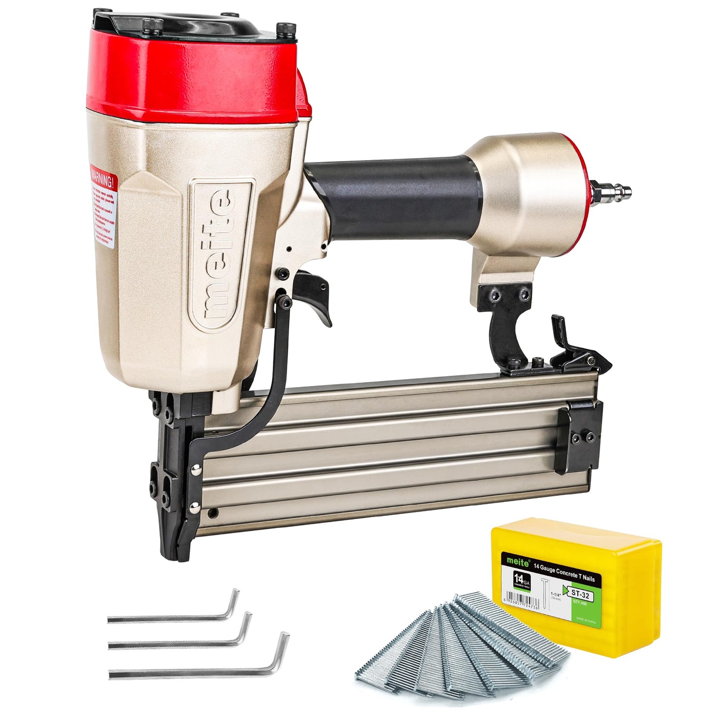 meite ST64L Concrete Nail Gun with 14 Gauge 1-1/4 Inch T Nails, Heavy Duty Pneumatic Concrete T-Nailer Gun for Wood-to-Concrete Projects, 100PCS Magazine