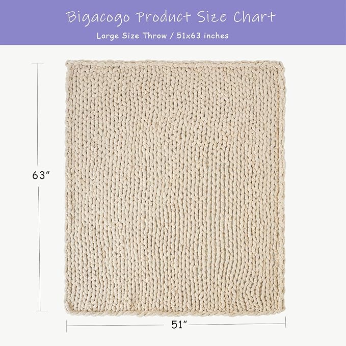 Bigacogo Chunky Knit Throw Blanket for Couch, 51x63 inches, 100% Hand Knitted with Thick Jumbo Chenille Yarn, Cozy Soft Large Rope Knot Cable Crochet Blankets for Sofa Bed Living Room, Beige